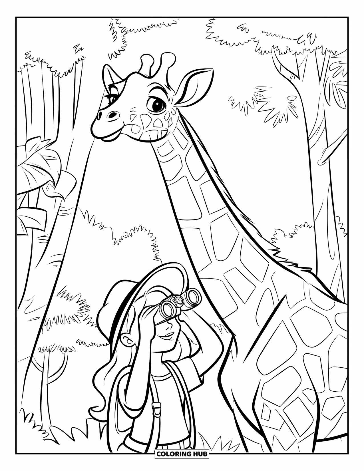 Disegno di giraffa da colorare per bambini: una ragazza esploratrice della giungla guarda una giraffa che cerca di raggiungere le foglie