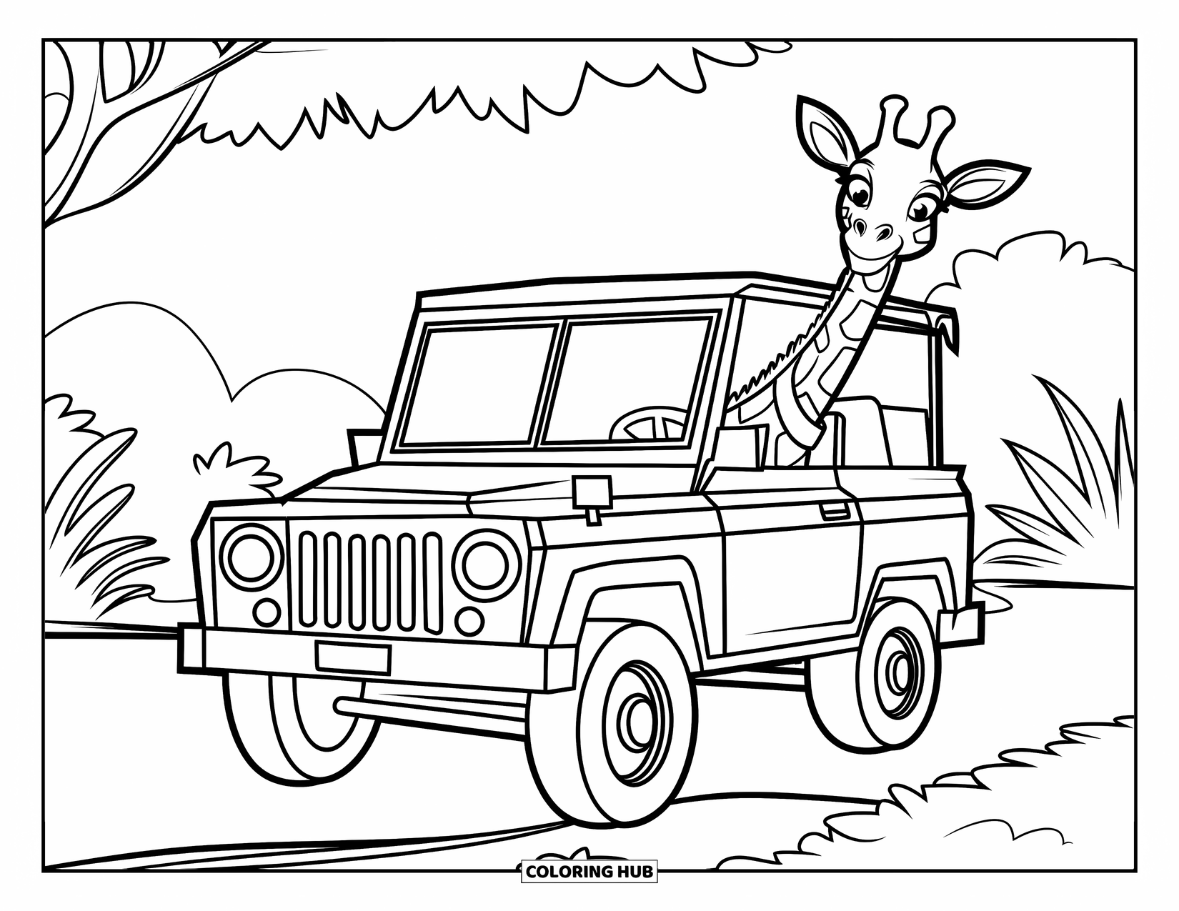 Disegno di giraffa da colorare per bambini: una giraffa giocosa sbircia da dietro una jeep parcheggiata in una foresta lussureggiante