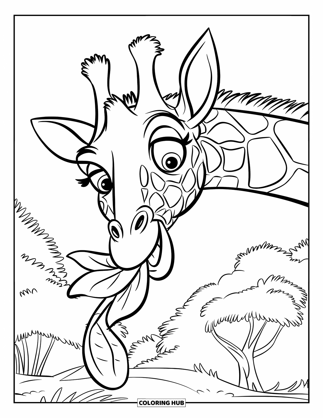 Disegno di giraffa da colorare per bambini: una giraffa giocosa tira fuori la lingua mentre sgranocchia foglie fresche