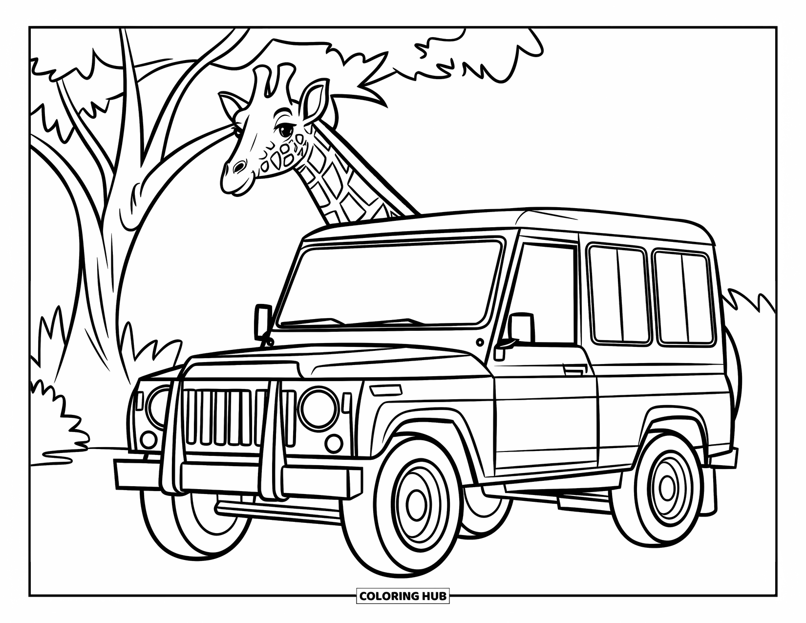 Disegno di giraffa da colorare per bambini: una jeep da safari parcheggia vicino a un albero mentre una giraffa sbircia da dietro