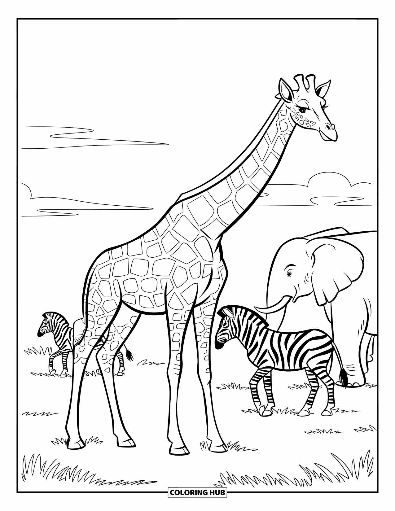 Disegno di giraffa da colorare per bambini: una scena di safari con una giraffa, zebre ed elefanti sotto un cielo luminoso