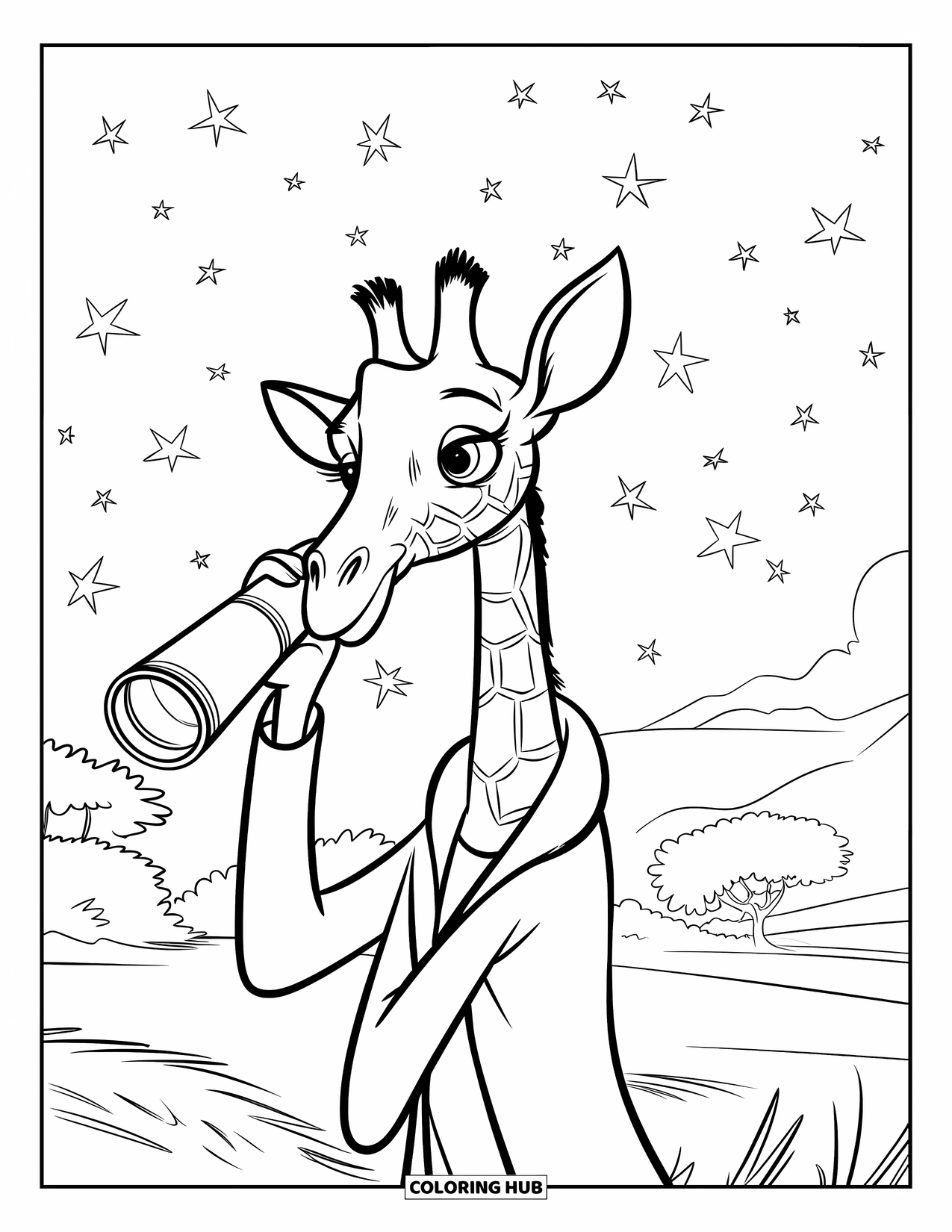 Disegno di giraffa da colorare per bambini: una giraffa scienziato in camice da laboratorio studia le stelle con un telescopio