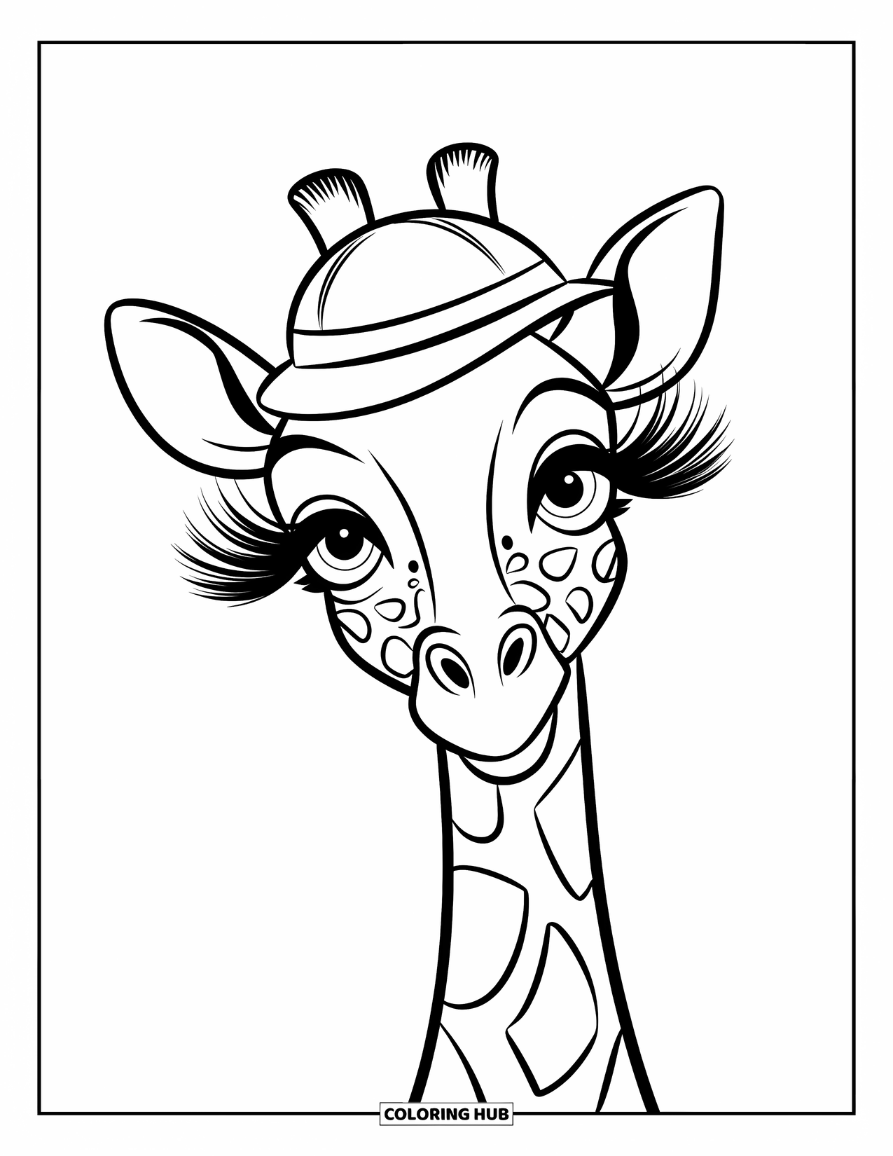 Disegno di giraffa da colorare per bambini: una giraffa elegante con un cappello da safari guarda in lontananza