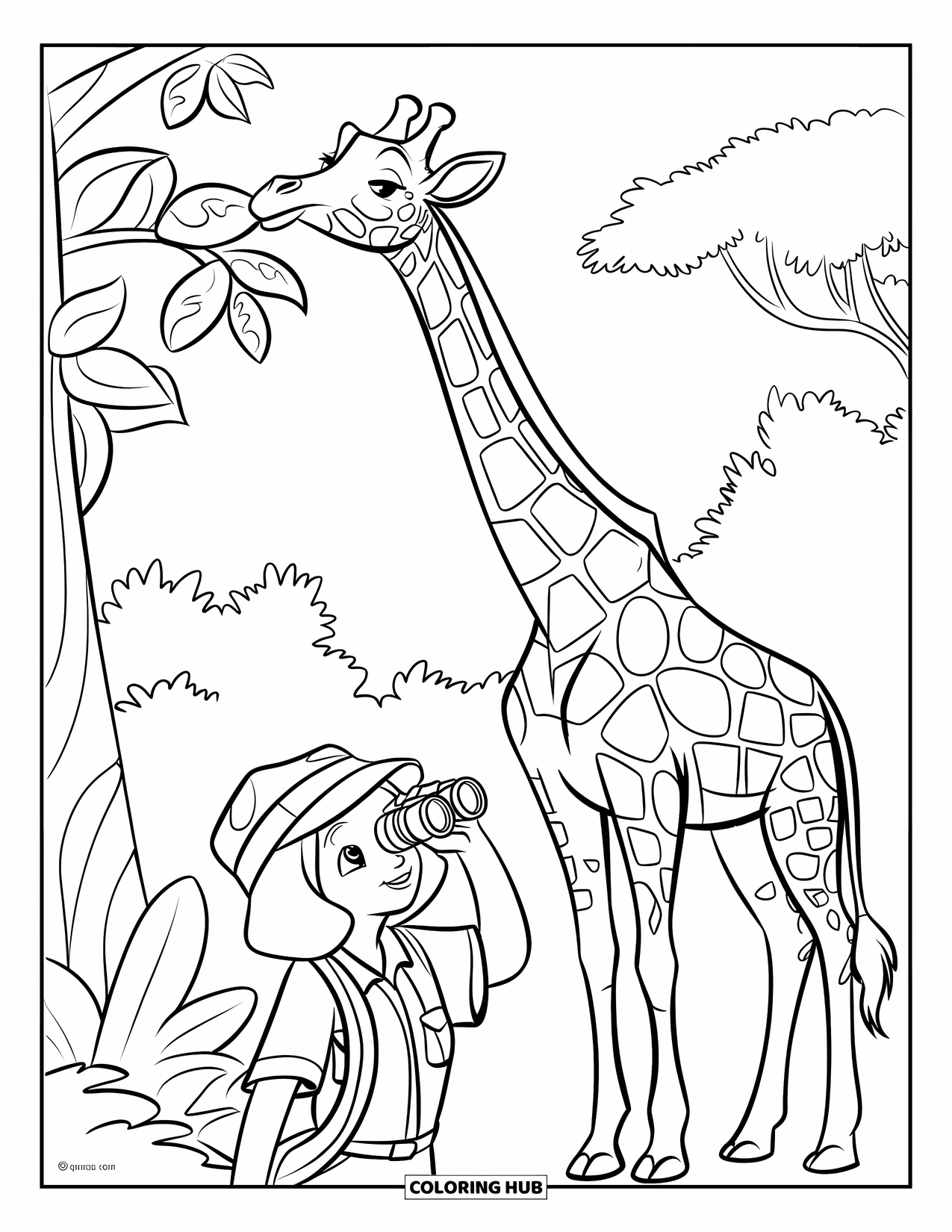 Disegno di giraffa da colorare per bambini: un giovane esploratore scruta attraverso il binocolo una giraffa imponente nella giungla