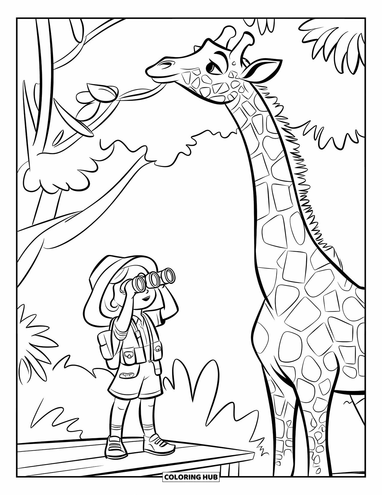 Disegno di giraffa da colorare per bambini: una ragazza esploratrice guarda una giraffa che mangia foglie da un albero alto