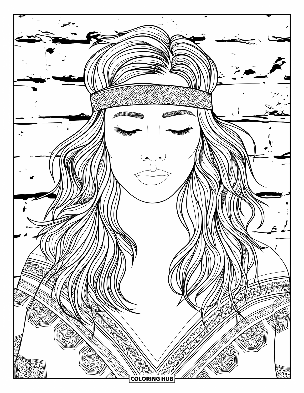 Meisjesgezicht Kleurplaat voor volwassenen: Een boheemse vrouw met een hoofdband mediteert in de natuur, omringd door ingewikkelde patronen
