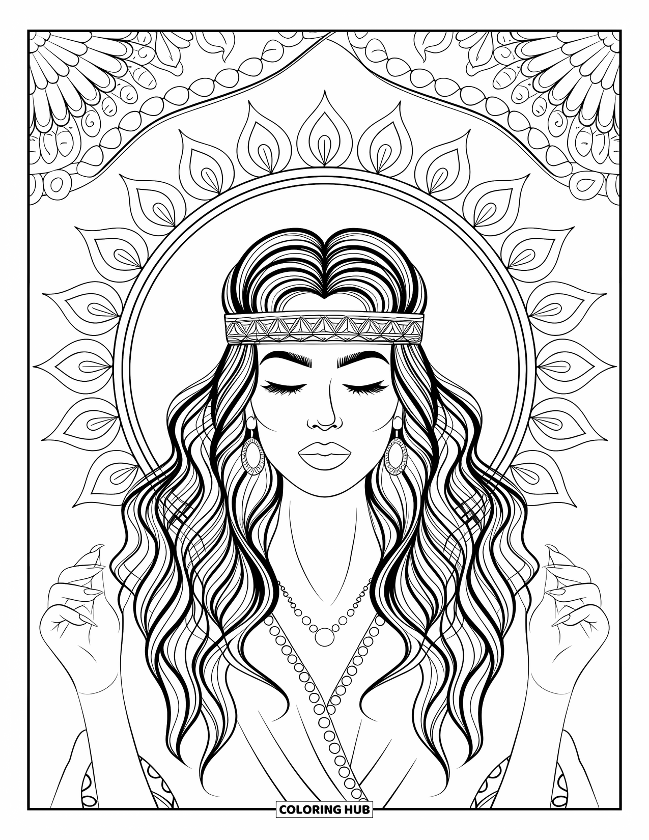 Meisjesgezicht Kleurplaat voor volwassenen: Een boheemse vrouw met golvend haar en een hoofdband met patroon sluit haar ogen in meditatie