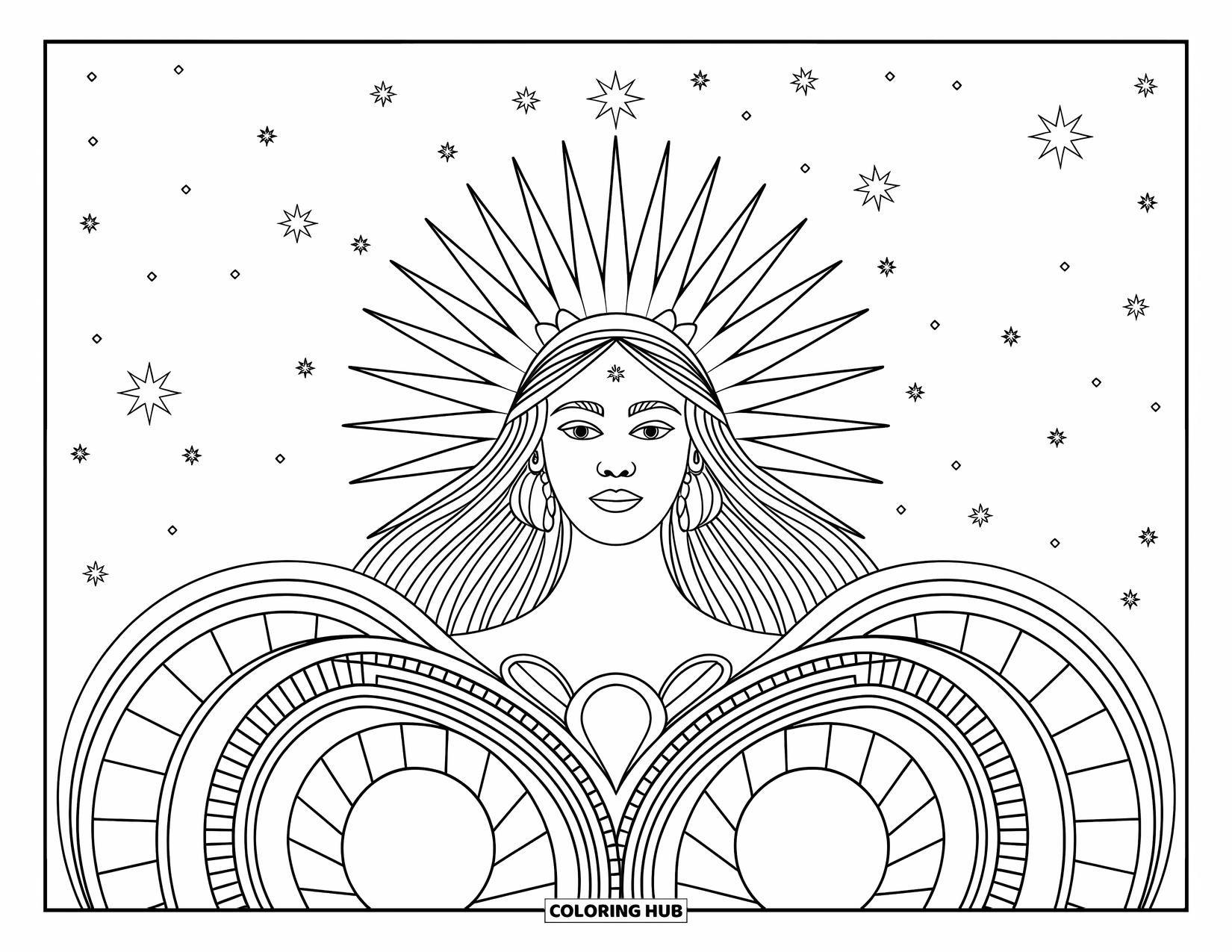 Meisjesgezicht Kleurplaat voor volwassenen: Een gekroonde godin met een gloeiende zon achter haar staat onder een sterrenhemel