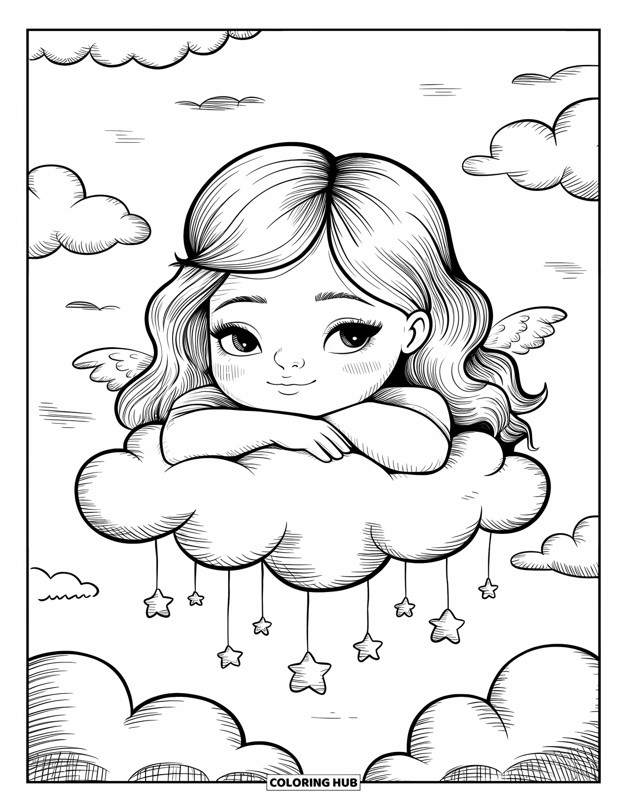Meisjesgezicht Kleurplaat voor volwassenen: Een dromerig engelmeisje laat haar kin rusten op een zachte wolk, met kleine vleugels die achter haar vandaan piepen