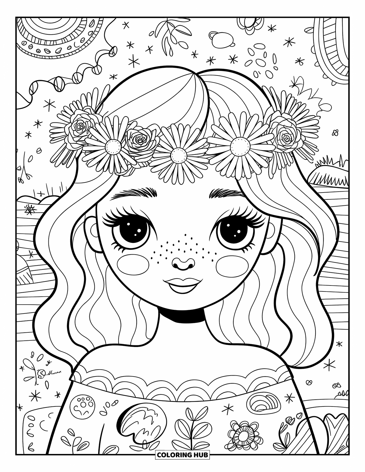 Meisjesgezicht Kleurplaat voor volwassenen: Een lieflijk meisje met golvend haar draagt een bloemenkroon van madeliefjes en rozen