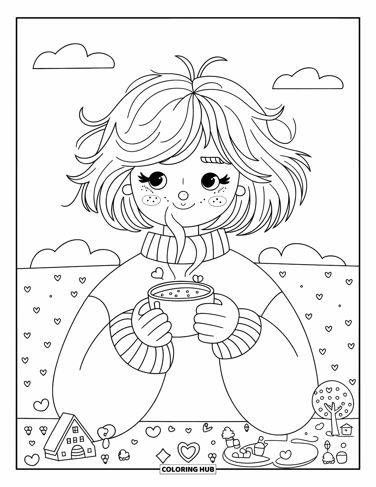 Meisjesgezicht Kleurplaat voor volwassenen: Een meisje in een grote trui drinkt slokjes van cacao terwijl kleine hartvormige stoom opstijgt in de lucht