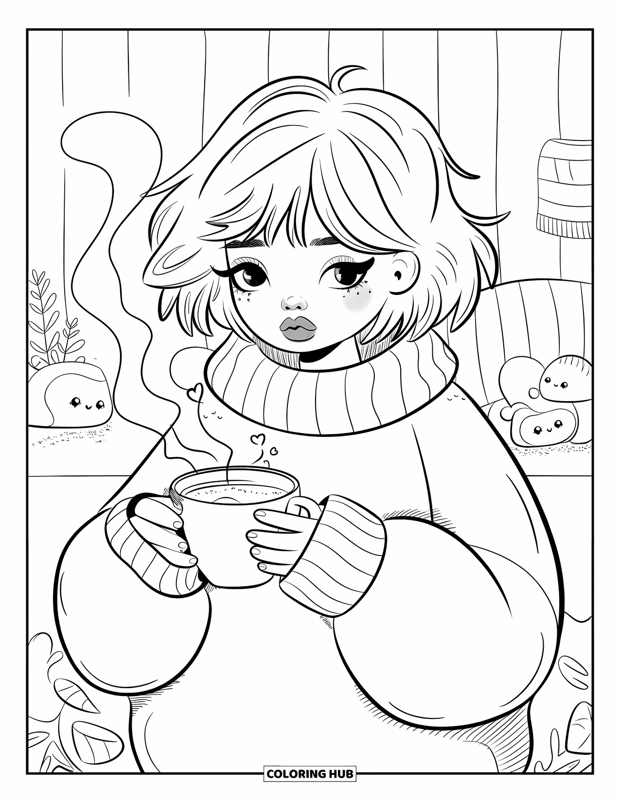 Meisjesgezicht Kleurplaat voor volwassenen: Een meisje in een knusse trui houdt een warme drank vast, omringd door knuffels en planten