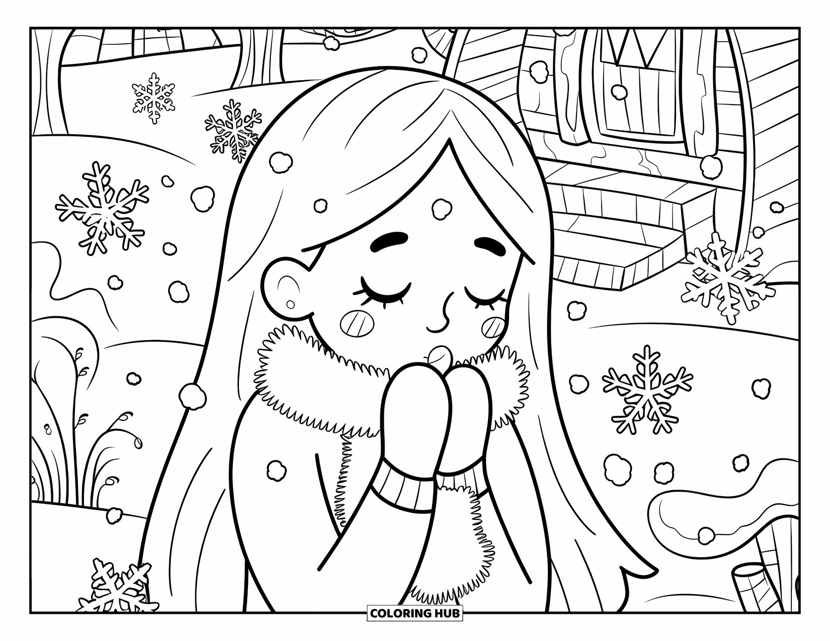 Meisjesgezicht Kleurplaat voor volwassenen: Een meisje in een zachte sjaal blaast op haar handen terwijl sneeuwvlokken om haar heen dwarrelen