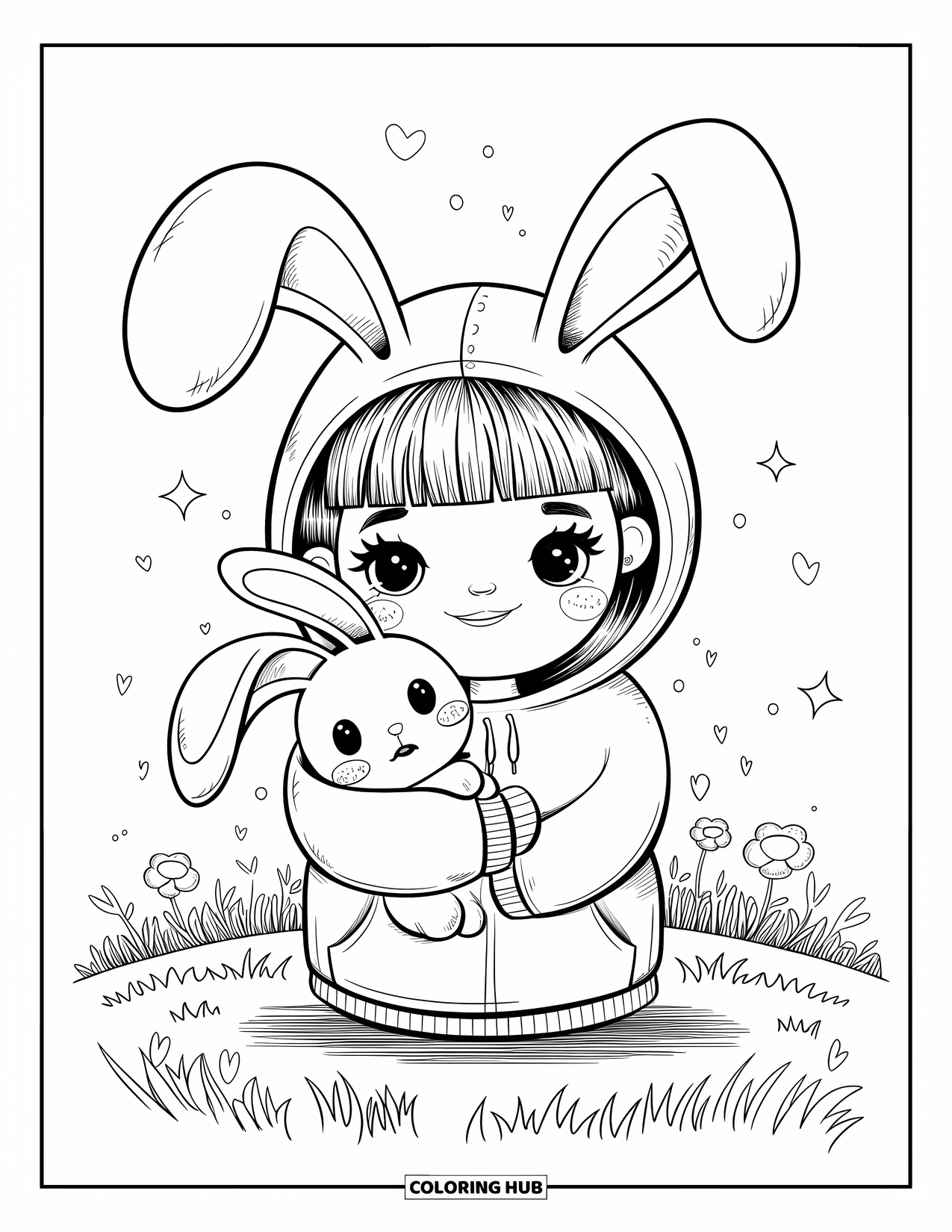 Meisjesgezicht Kleurplaat voor Volwassenen: Een meisje met konijnenoren knuffelt haar knuffelkonijn in een grasveld met kleine bloemen