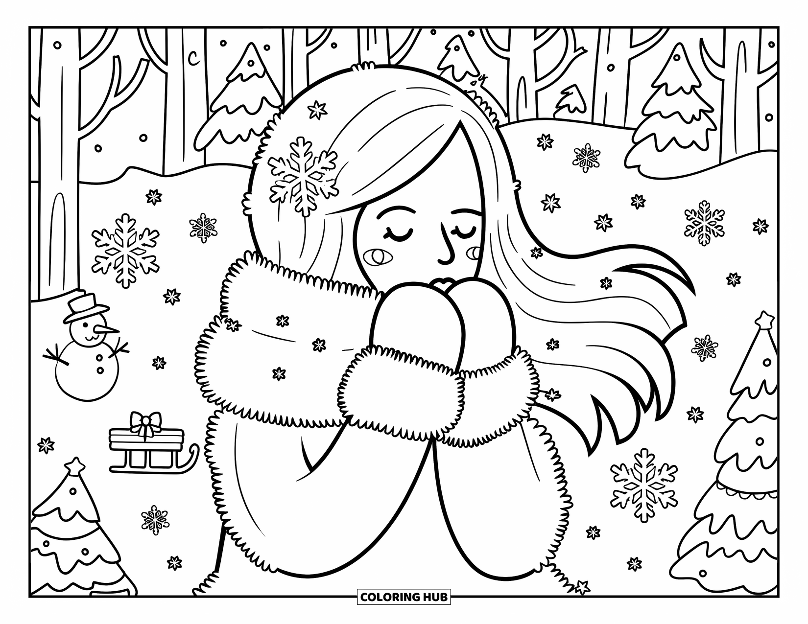Meisjesgezicht Kleurplaat voor volwassenen: Een meisje met sneeuwvlokken in haar haar staat in een besneeuwd wonderland met een slee en een kerstboom