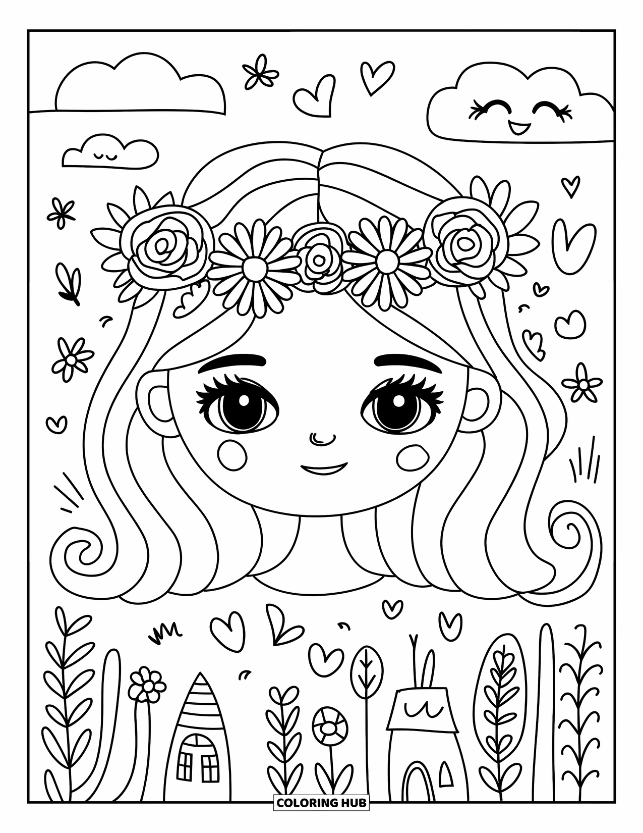 Meisjesgezicht Kleurplaat voor Volwassenen: Een meisje met golvende lokken en een bloemenkroon glimlacht naast een vlinder en een klein huisje