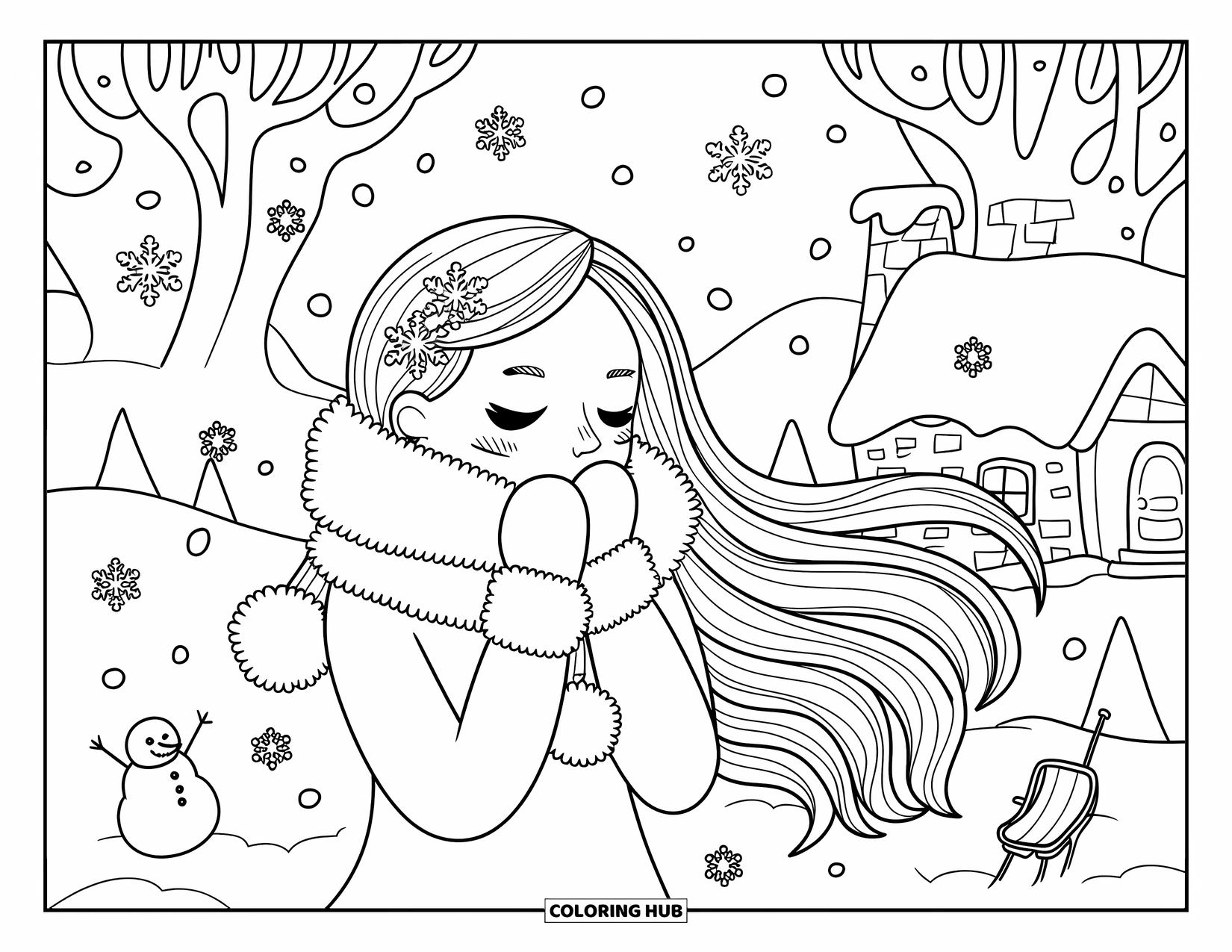 Meisjesgezicht Kleurplaat voor volwassenen: Een meisje gewikkeld in een zachte sjaal staat tussen besneeuwde bomen, een huisje en een kleine sneeuwpop