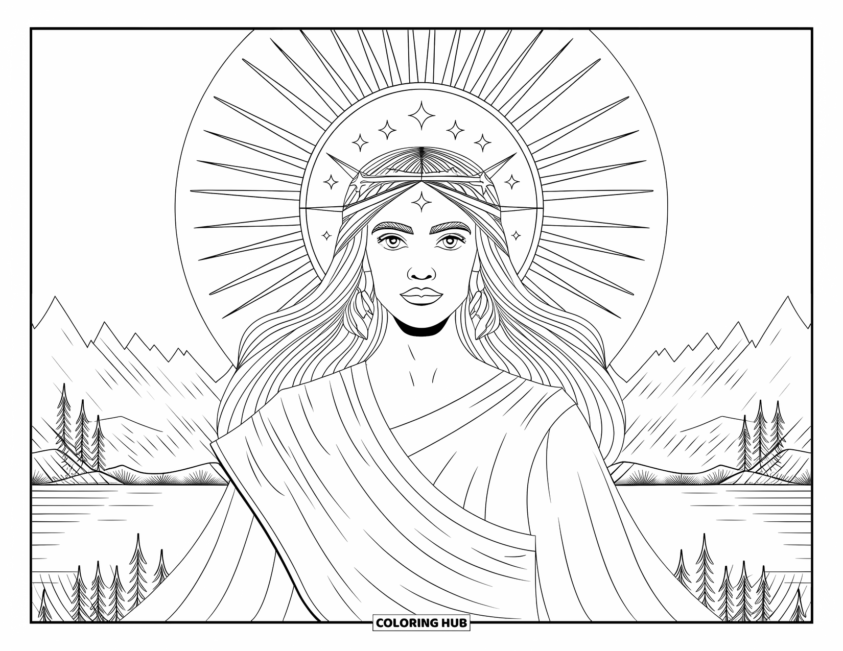 Meisjesgezicht Kleurplaat voor volwassenen: Een godin in een vloeiend gewaad kijkt uit over een sereen landschap van bergen en water