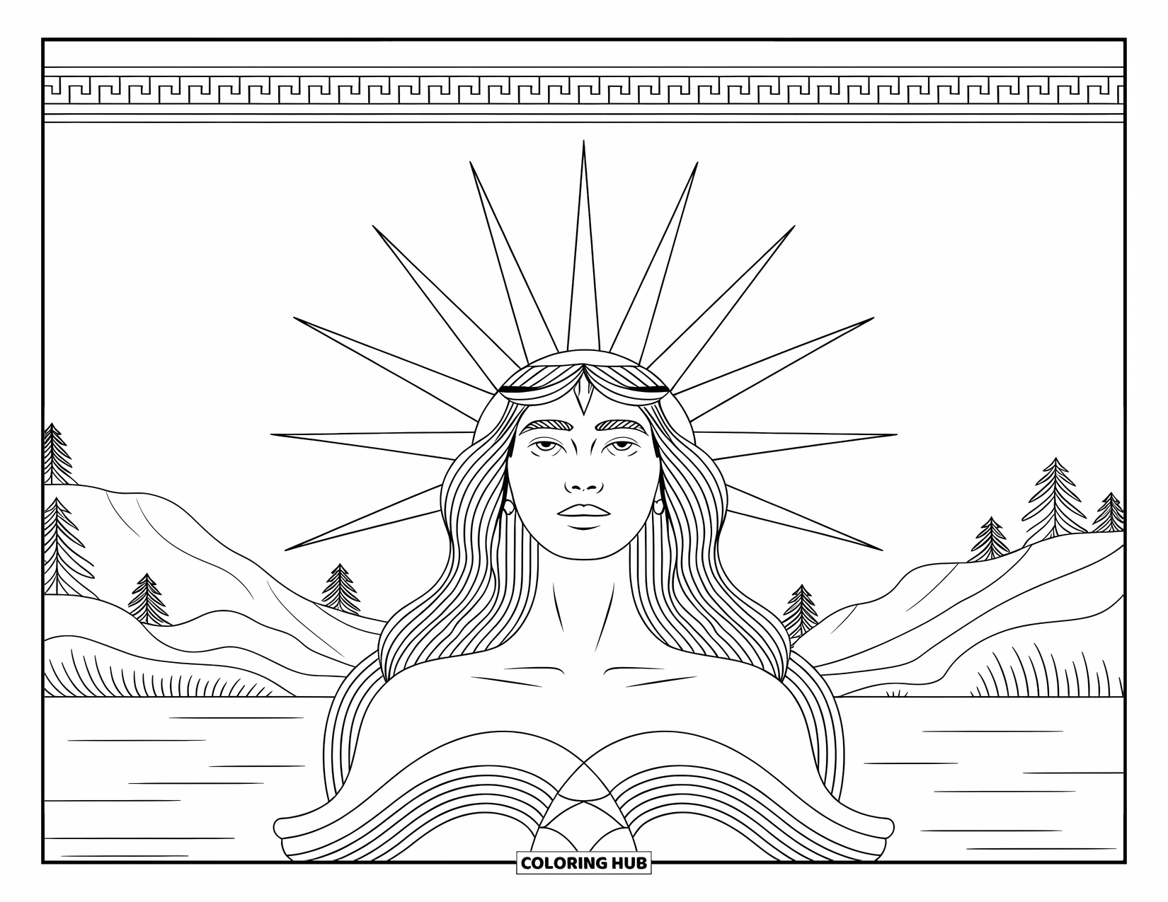 Meisjesgezicht Kleurplaat voor volwassenen: Een godinachtige vrouw met golvend haar zit onder een stralende zon in een hemels landschap