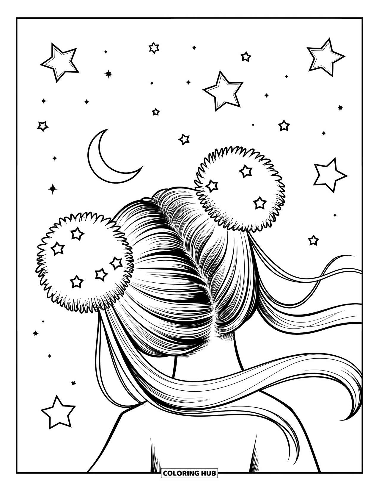 Meisjesgezicht Kleurplaat voor Volwassenen: Een kawaii-prinses met dubbele knotjes glimlacht terwijl sterren en een halve maan de hemel verlichten