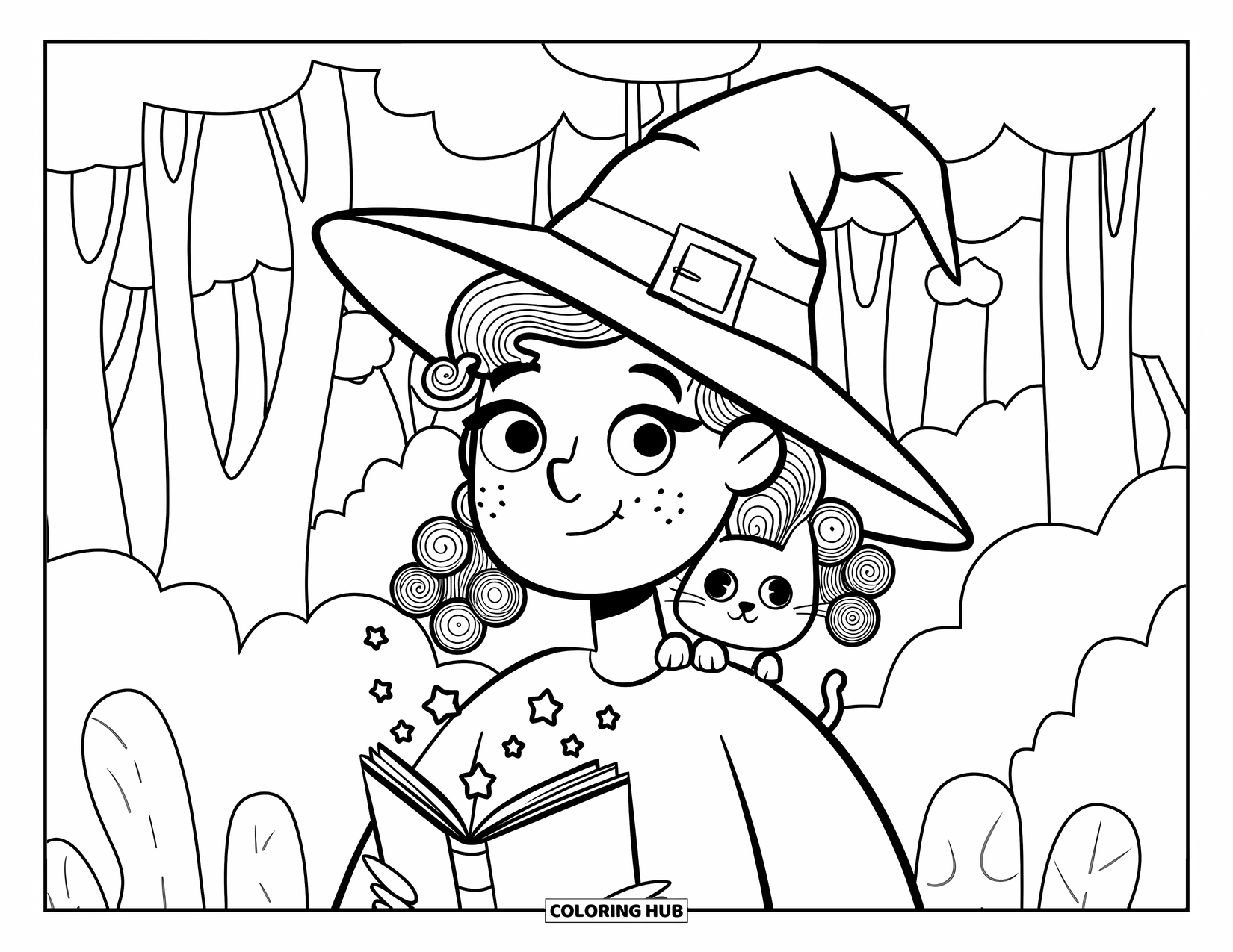 Meisjesgezicht Kleurplaat voor volwassenen: Een kleine heks in een bos leest uit een gloeiend boek terwijl haar kleine kat toekijkt