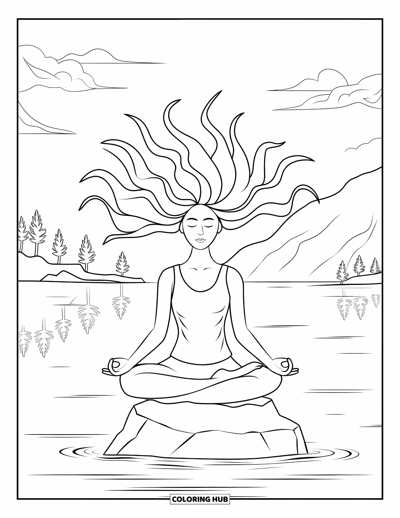 Meisjesgezicht Kleurplaat voor volwassenen: Een vredige vrouw met haar dat als water stroomt, zit in een lotushouding bij een rustig meer
