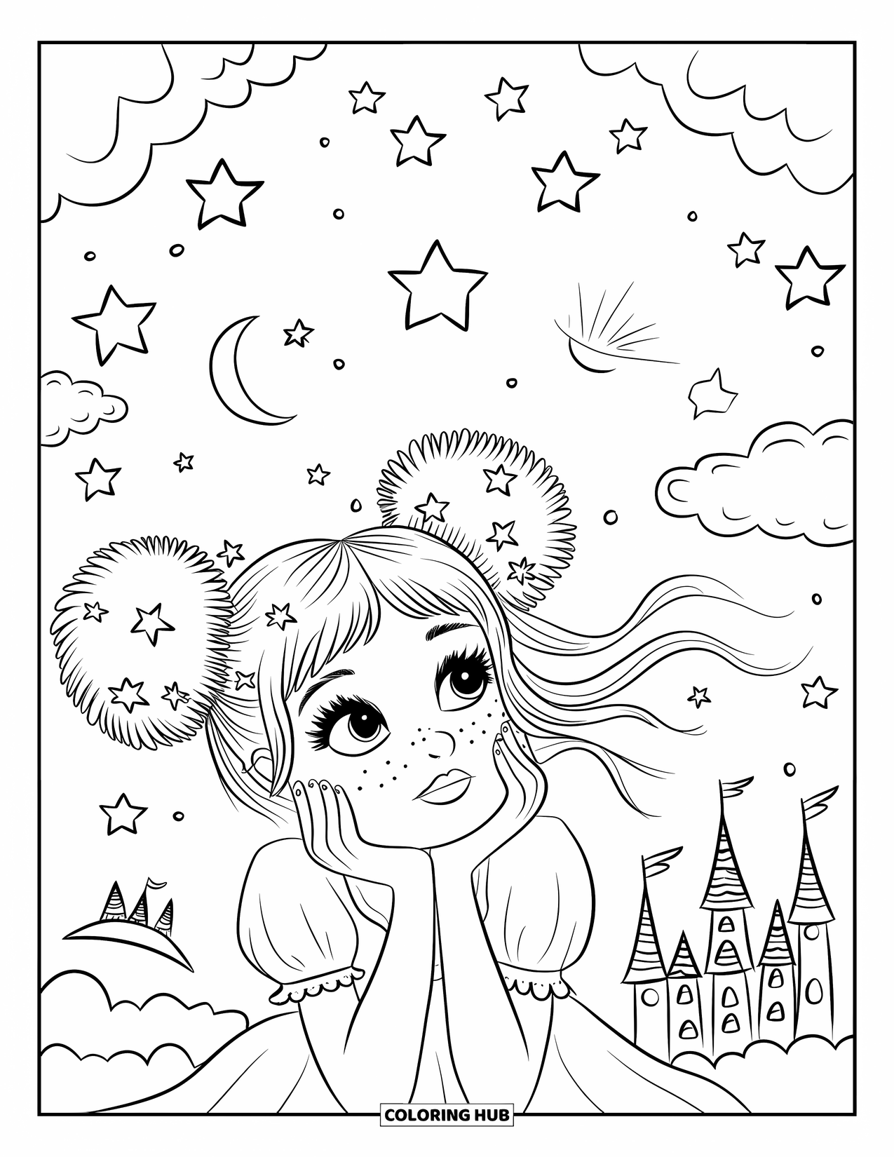 Meisjesgezicht Kleurplaat voor volwassenen: Een prinses met kleine haarspelden in de vorm van sterren kijkt op naar zwevende sterren met een halve maan achter haar