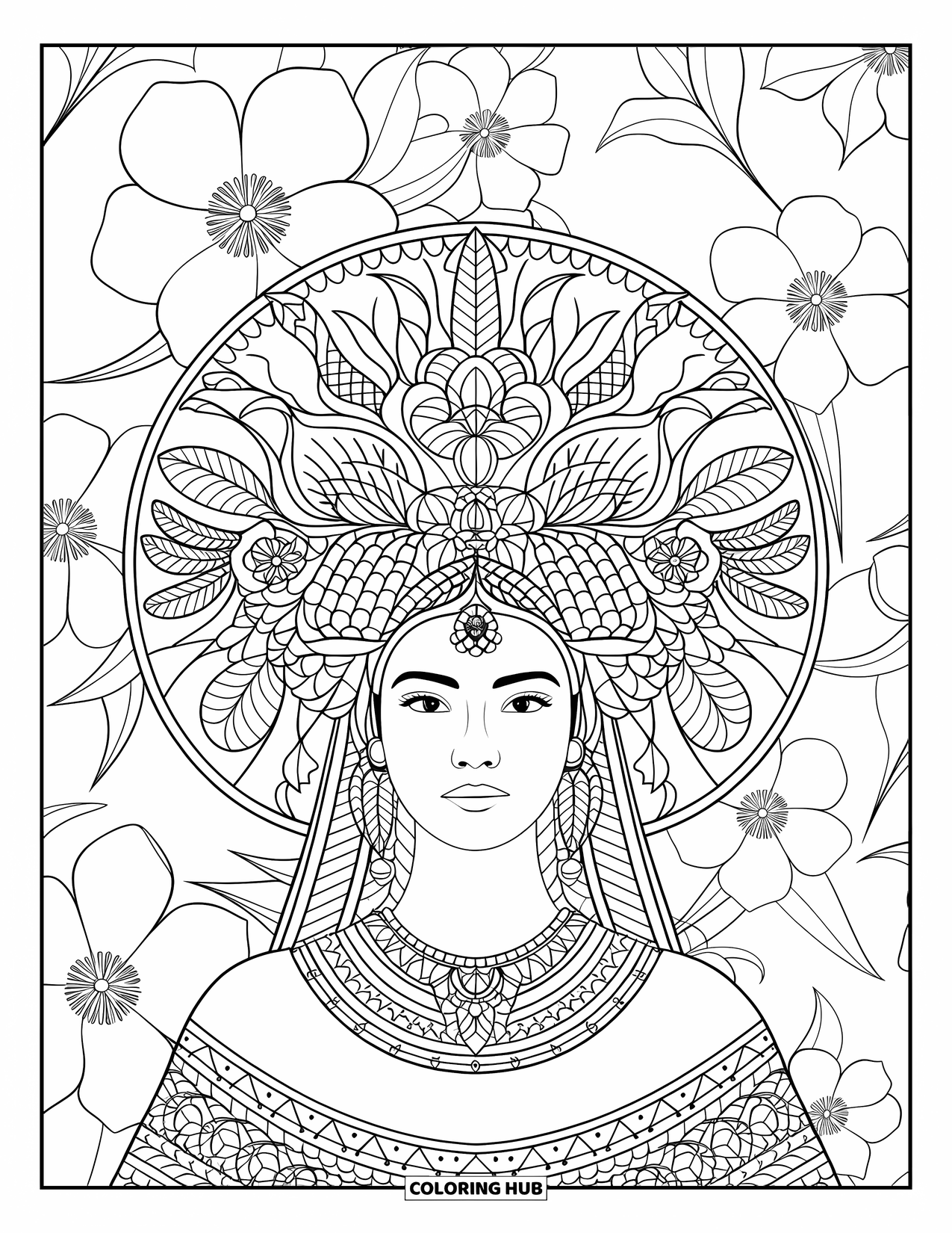 Meisjesgezicht Kleurplaat voor volwassenen: Een statige vrouw draagt een uitgebreid hoofddeksel versierd met ingewikkelde bloemen en geometrische ontwerpen