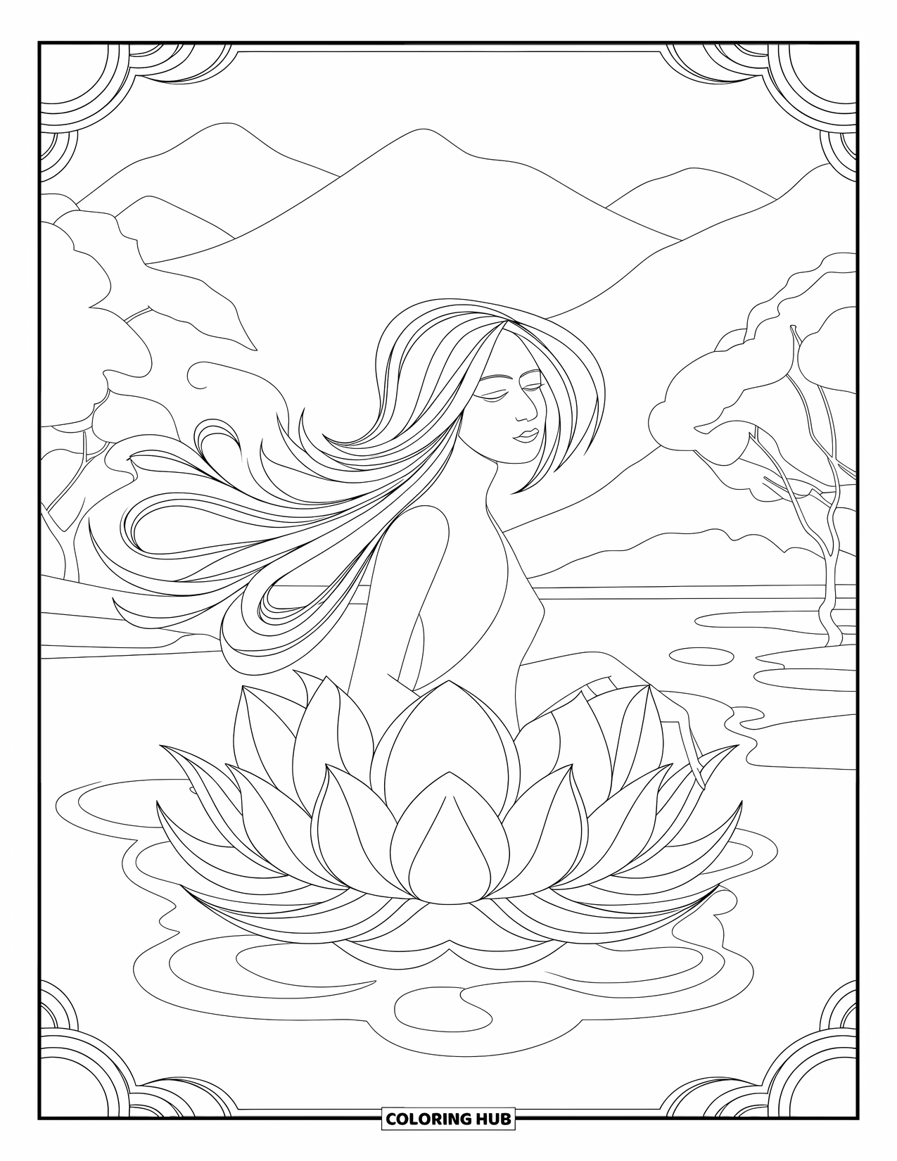 Meisjesgezicht Kleurplaat voor volwassenen: Een serene vrouw met golvend haar zit met gekruiste benen op een lotus, omringd door water en bergen