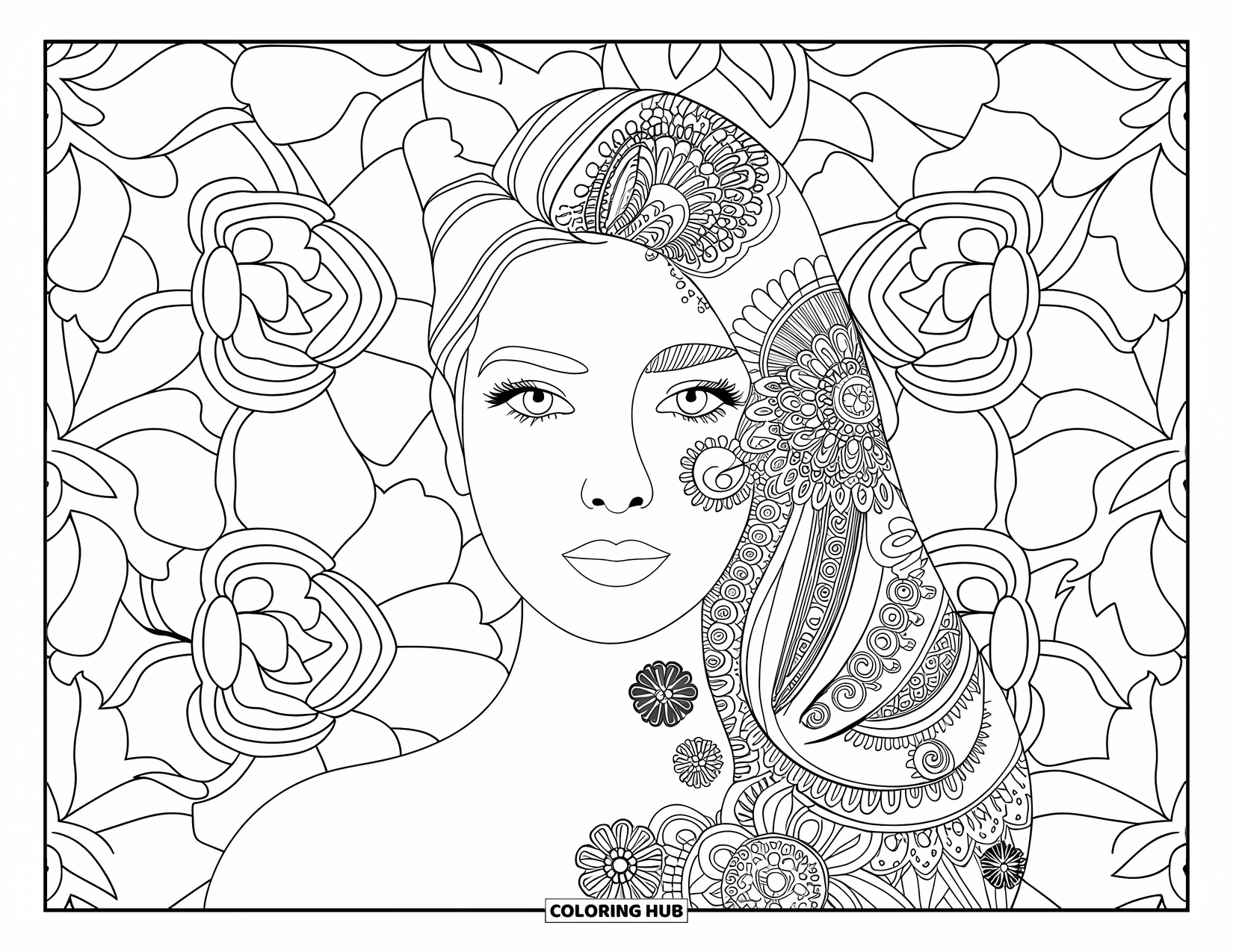 Meisjesgezicht Kleurplaat voor volwassenen: Een serene vrouw met henna-kunst op haar gezicht is omringd door ingewikkelde bloemenpatronen