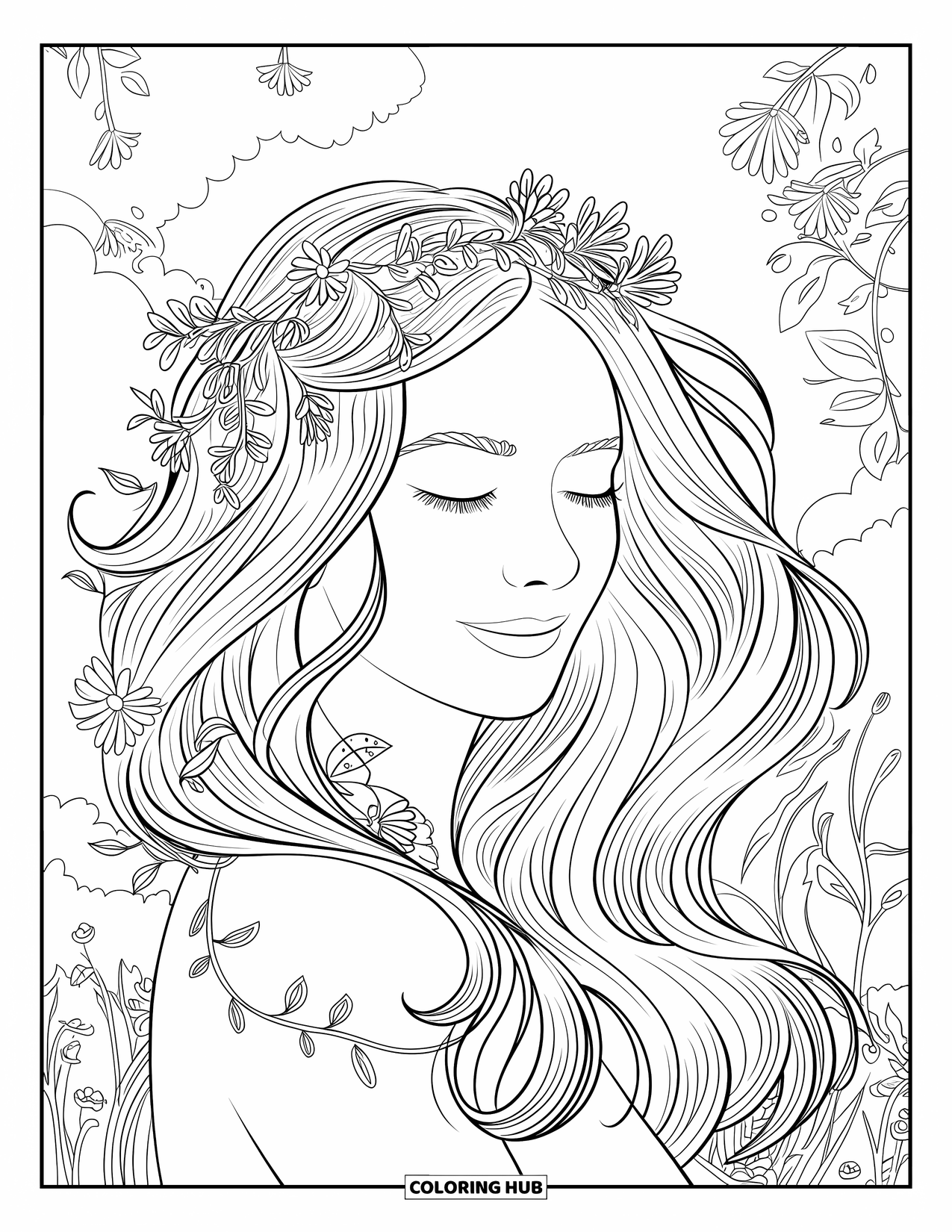 Meisjesgezicht Kleurplaat voor volwassenen: Een vrouw in een tuin sluit vredig haar ogen, met bloemenranken in haar haar