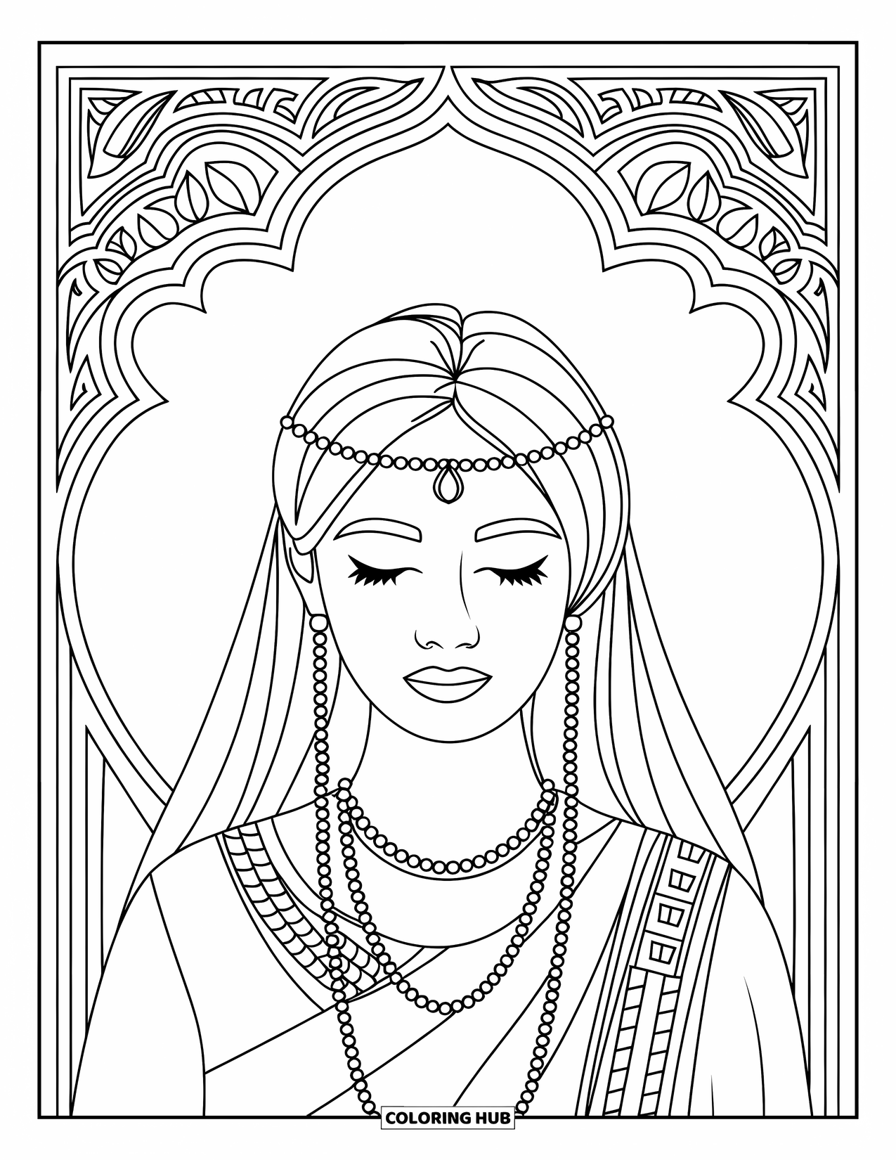 Meisjesgezicht Kleurplaat voor volwassenen: Een vrouw met een delicaat hoofddeksel en ketting is omringd door decoratieve patronen