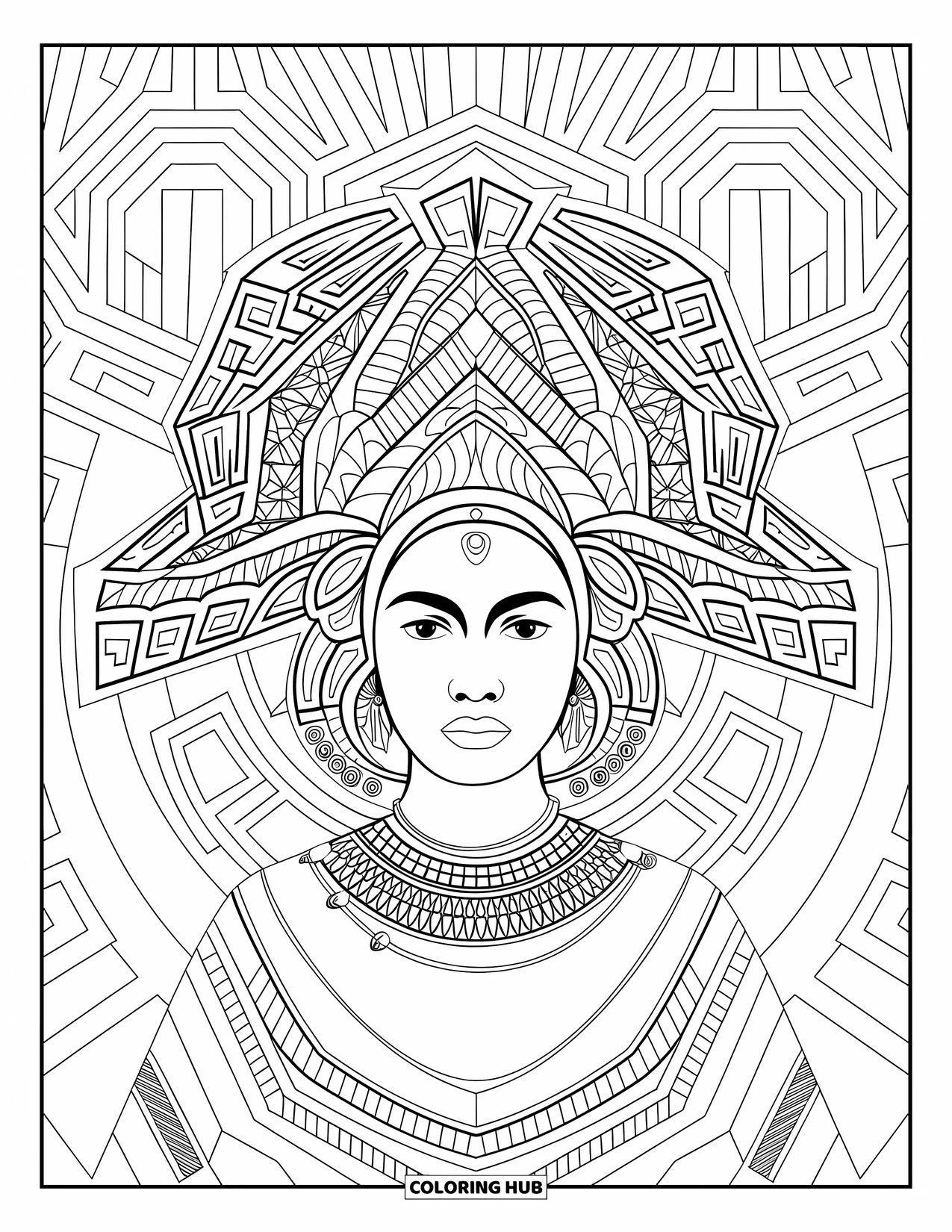 Meisjesgezicht Kleurplaat voor volwassenen: Een vrouw met een rijk gedecoreerd hoofddeksel en jurk is omlijst door geometrische ontwerpen
