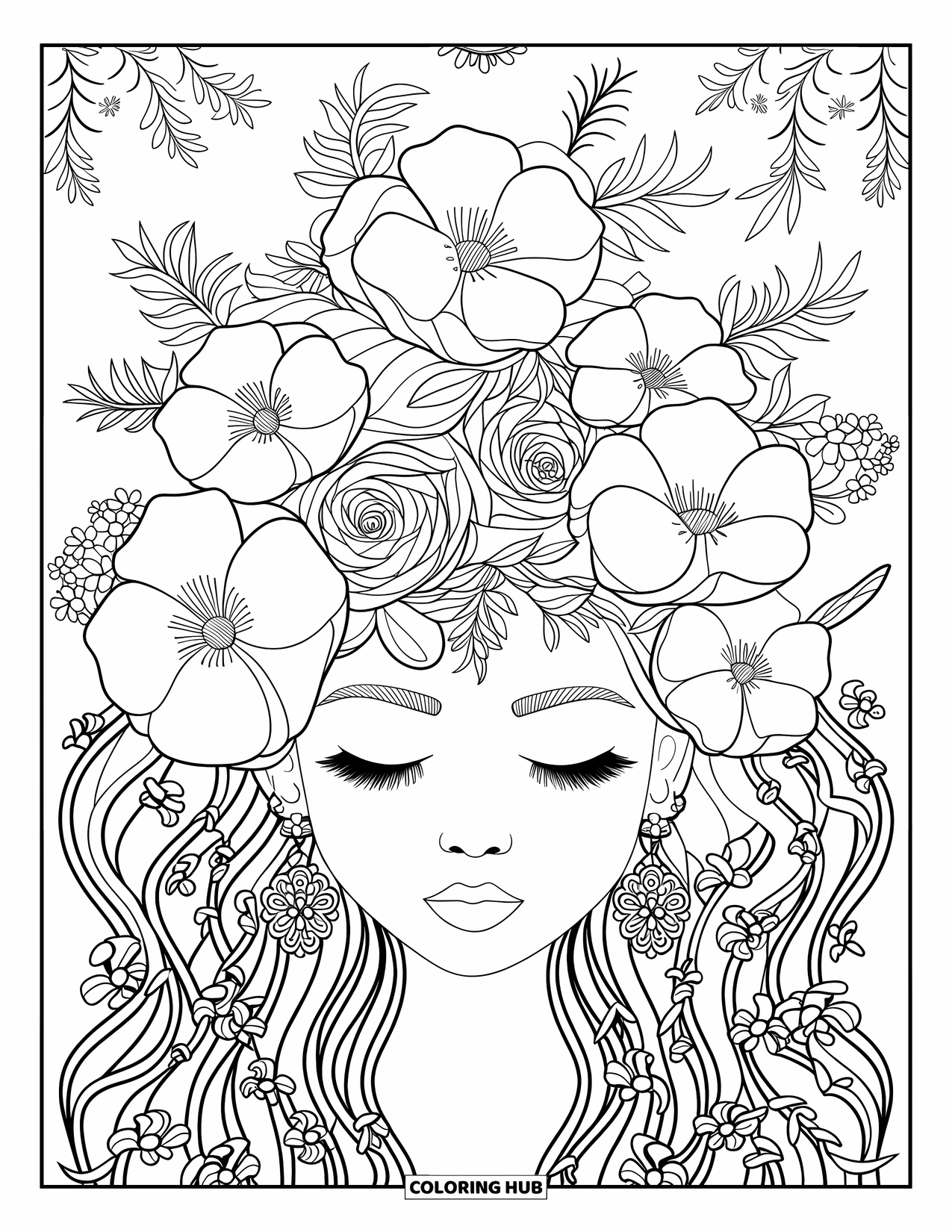 Meisjesgezicht Kleurplaat voor volwassenen: Een vrouw met bloeiende bloemen in haar haar is omlijst door wervelende wijnranken en bladeren