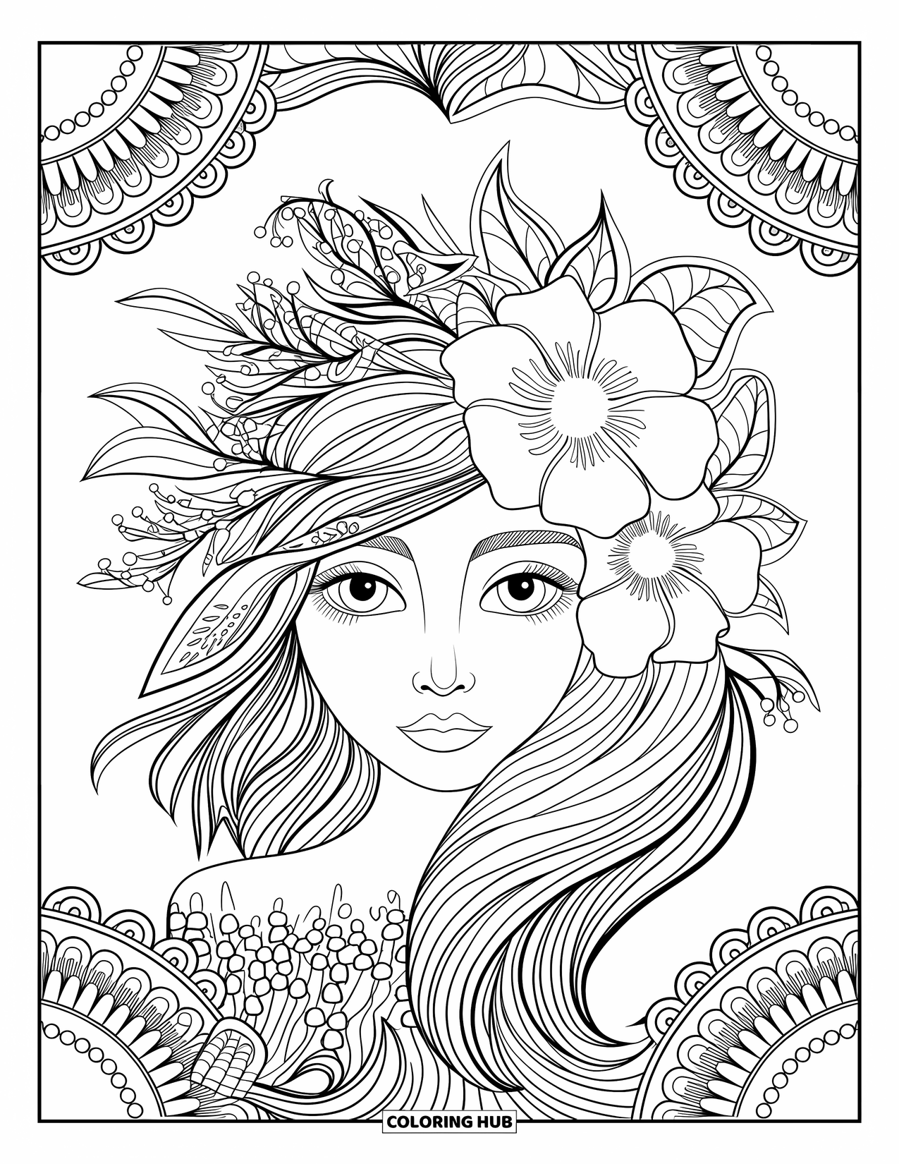 Meisjesgezicht Kleurplaat voor volwassenen: Een vrouw met bloemenhaarpatronen is omringd door bergen, bomen en een kalm meer