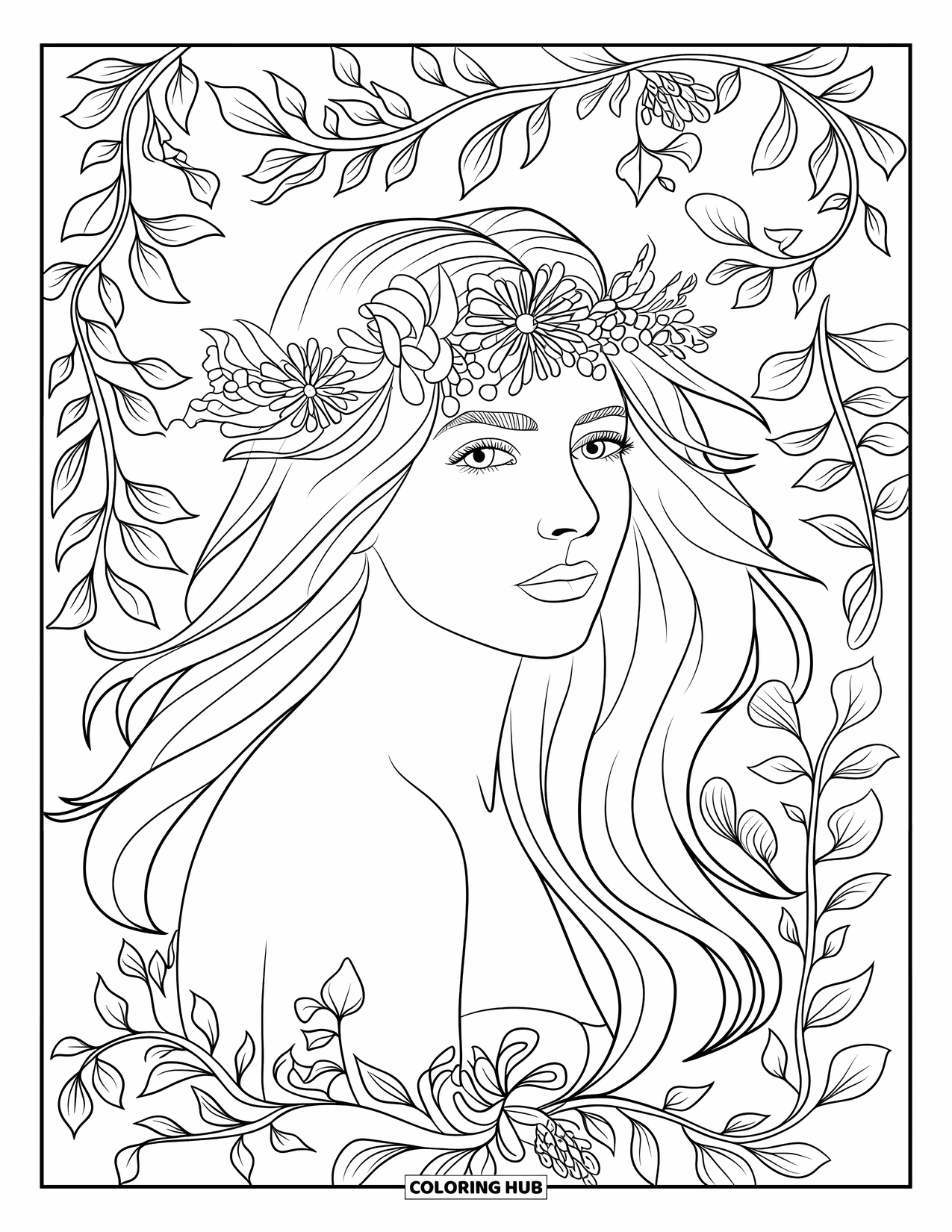 Meisjesgezicht Kleurplaat voor volwassenen: Een vrouw met golvend haar en een bloemenkroon is omringd door verweven wijnranken
