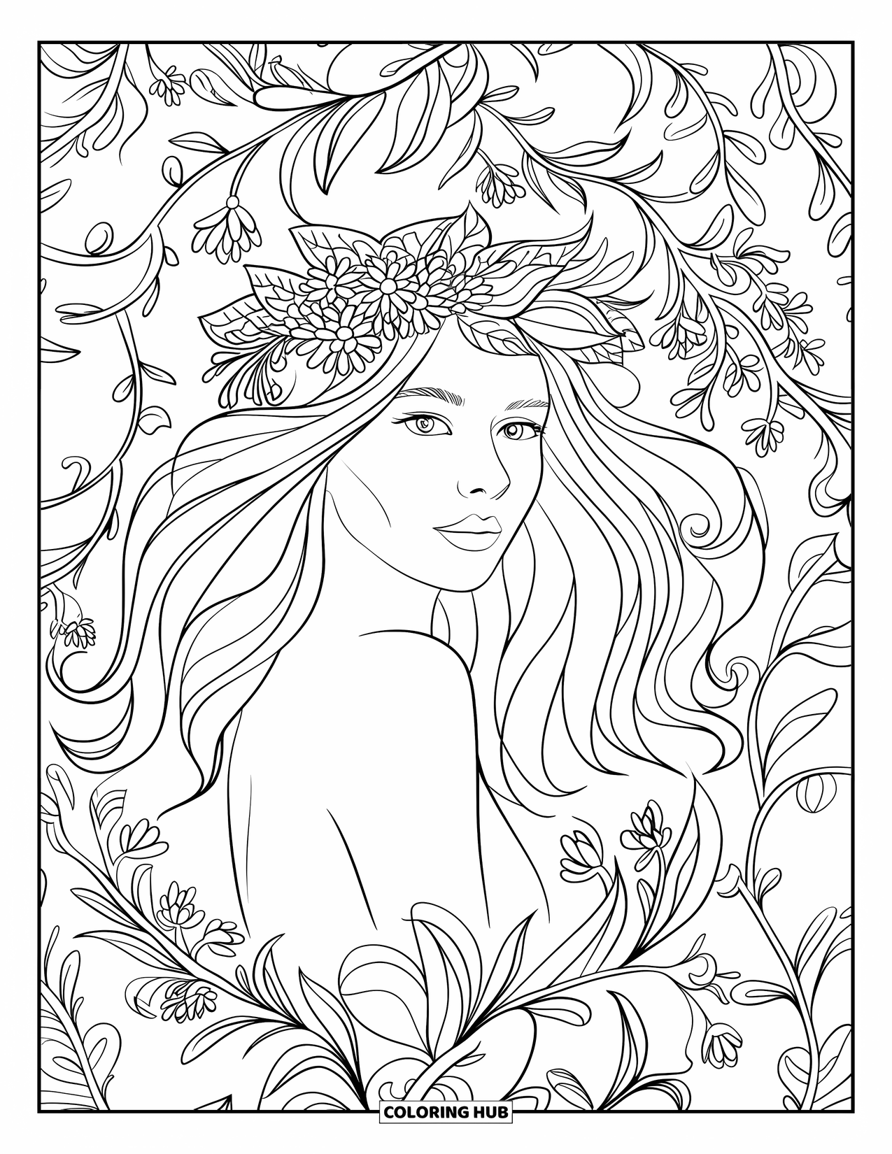 Meisjesgezicht Kleurplaat voor volwassenen: Een vrouw met lang, golvend haar glimlacht zachtjes terwijl bloemenranken haar gezicht omlijsten