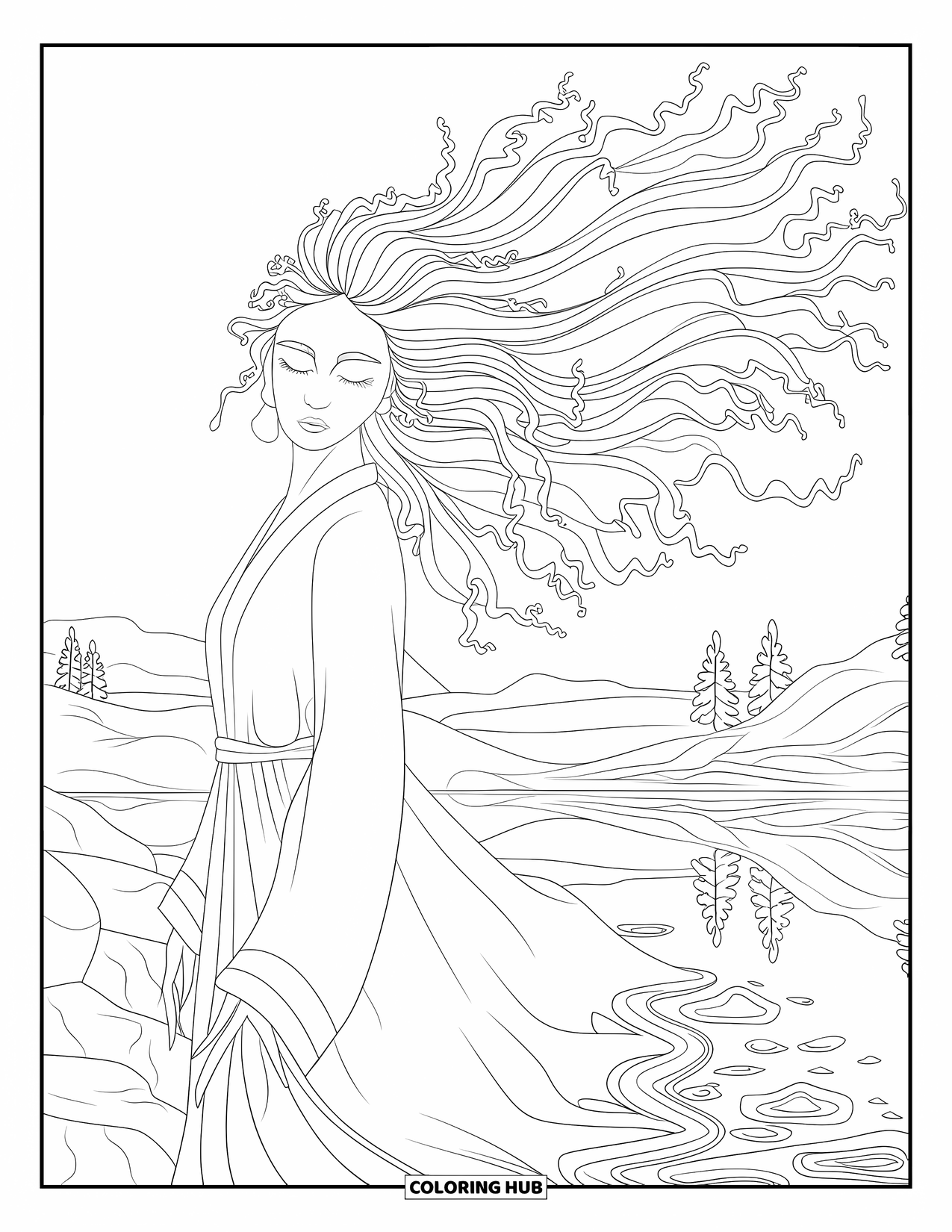 Meisjesgezicht Kleurplaat voor volwassenen: Een vrouw met golfachtig haar mediteert in de buurt van een reflecterend water