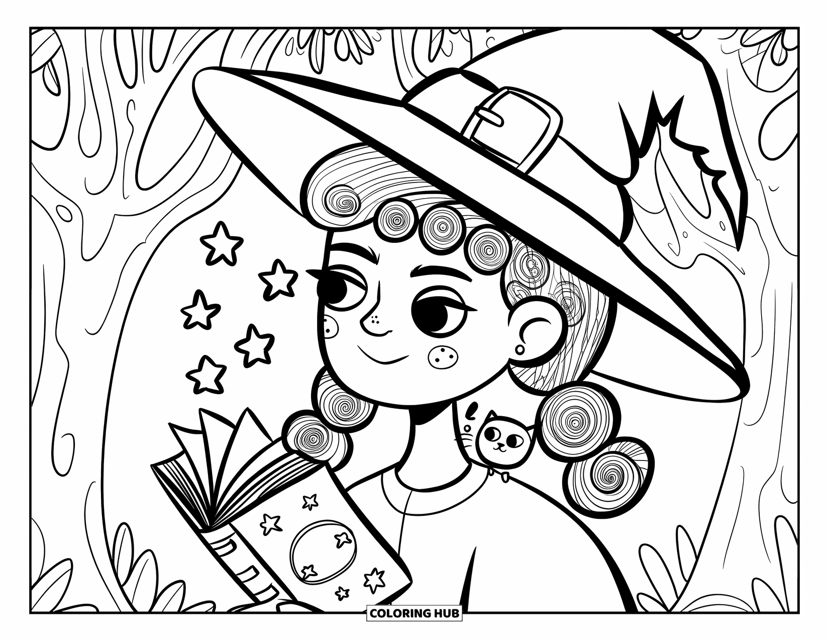 Meisjesgezicht Kleurplaat voor volwassenen: Een jonge heks met krullende staartjes en een scheve hoed houdt een magisch boek vast waar sterren uit zweven