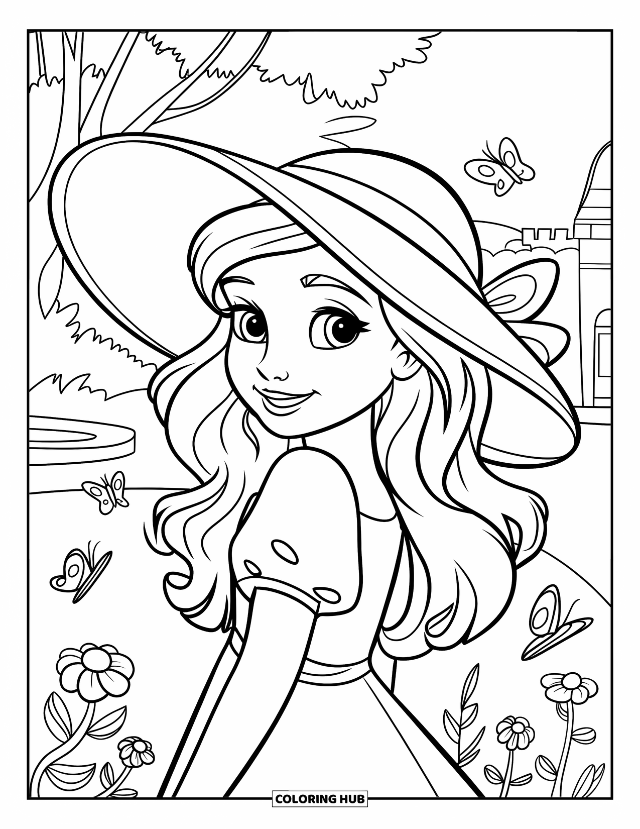 Meisjesgezicht Kleurplaat voor Kinderen: Een vrolijk meisje met een zonnehoed staat buiten, omringd door vlinders en bloeiende bloemen