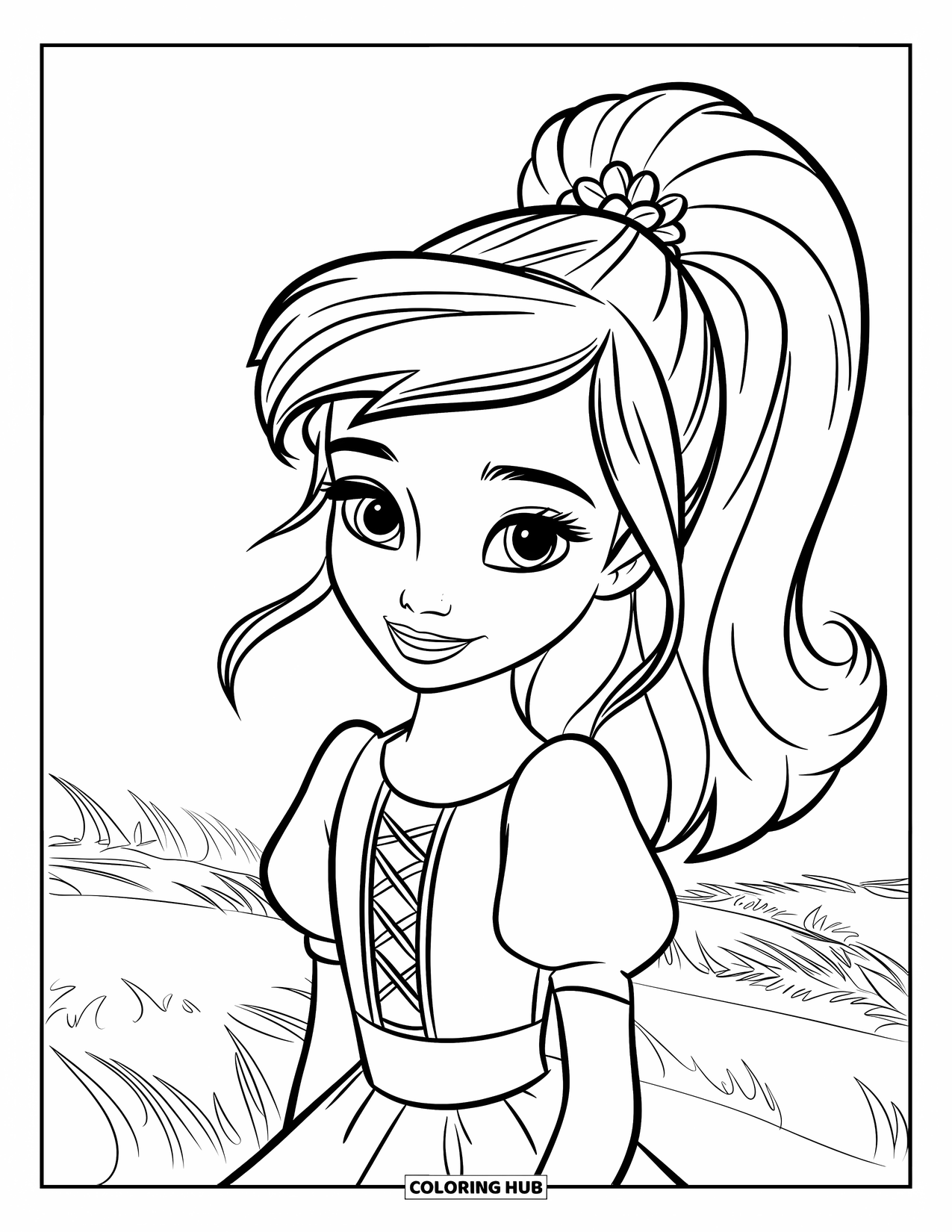 Meisjesgezicht Kleurplaat voor Kinderen: Een vrolijk meisje met een hoge paardenstaart en een bloem staat in een bloeiend veld