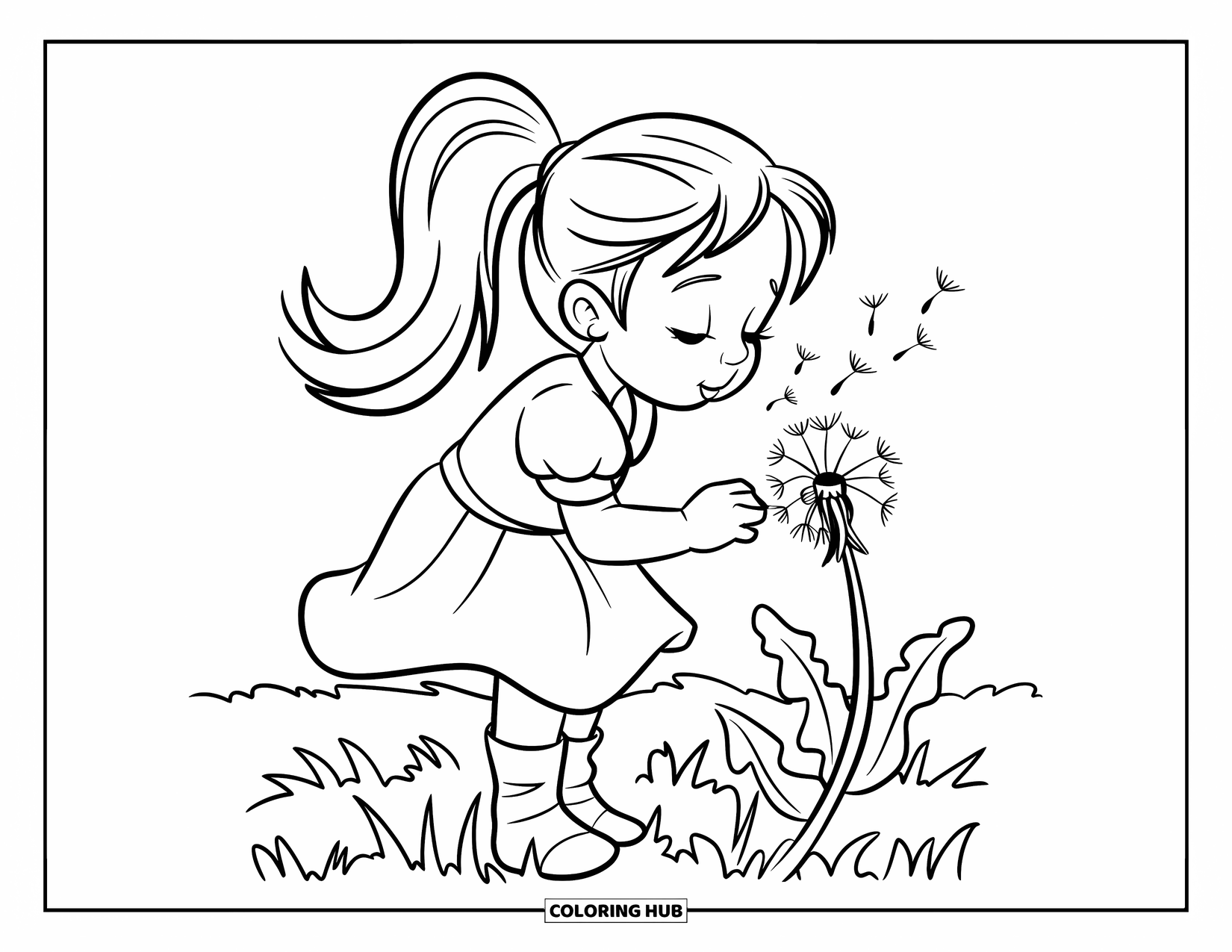 Meisjesgezicht Kleurplaat voor Kinderen: Een vrolijk meisje met een paardenstaart blaast zachtjes op een paardenbloem in een groene weide