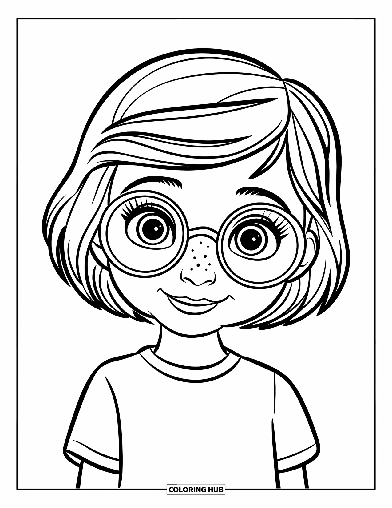 Meisjesgezicht Kleurplaat voor Kinderen: Een vrolijk meisje met een ronde bril en golvend haar staat tegen een witte achtergrond