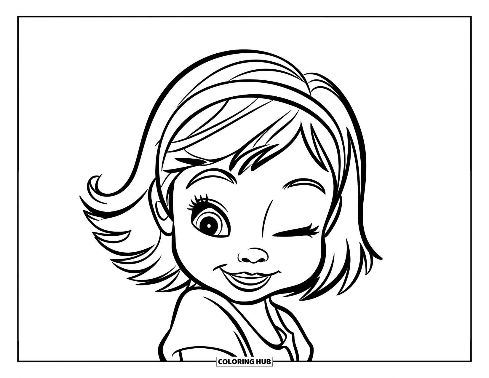 Meisjesgezicht Kleurplaat voor Kinderen: Een vrolijk klein meisje met een haarband staat tegen een witte achtergrond, klaar om ingekleurd te worden