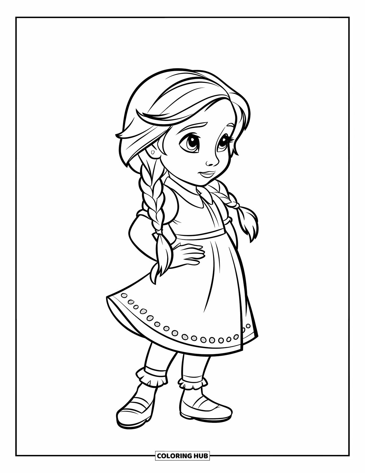 Meisjesgezicht Kleurplaat voor Kinderen: Een zelfverzekerd meisje in een roze jurk en witte kraag staat met een bedachtzame uitdrukking