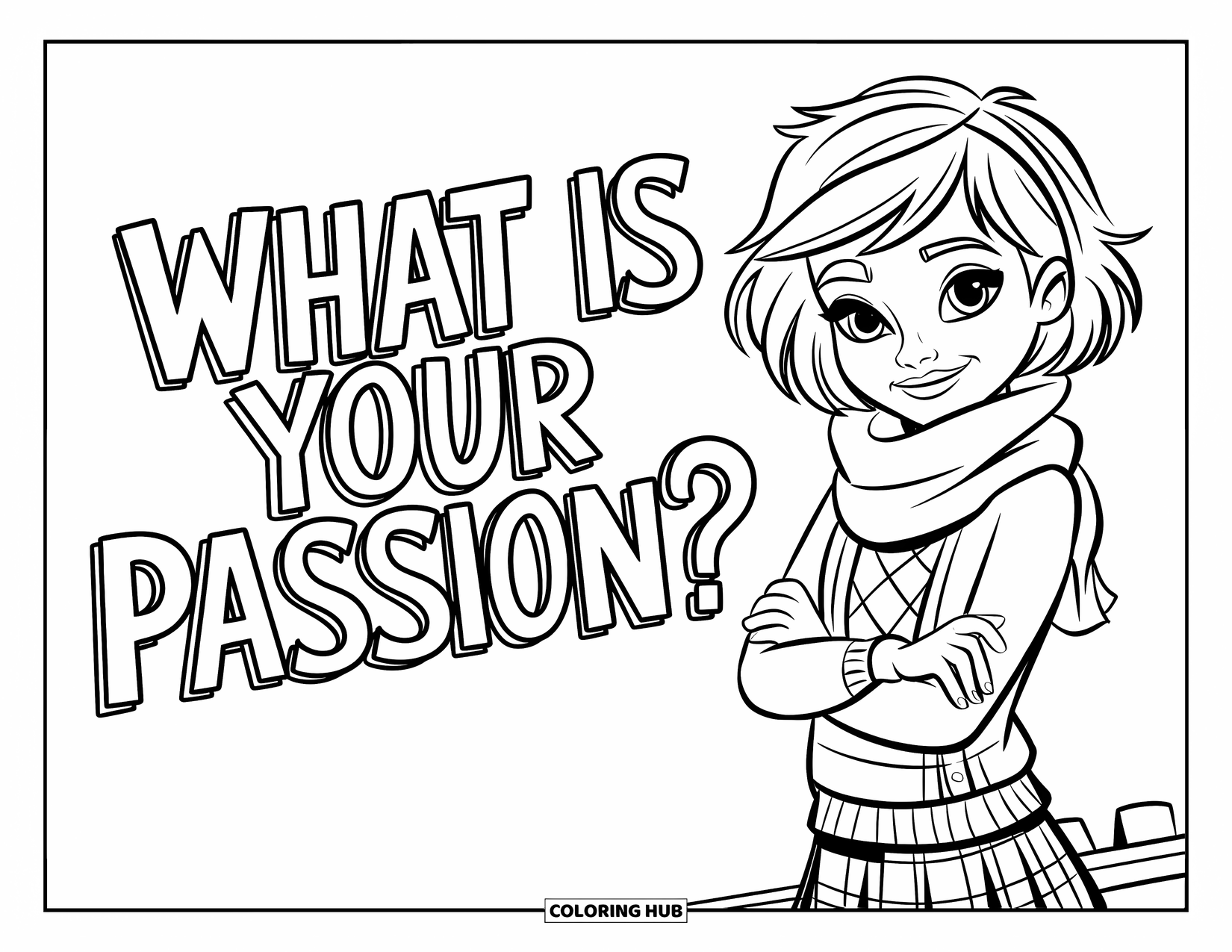 Meisjesgezicht Kleurplaat voor Kinderen: Een zelfverzekerd meisje met kort haar en een sjaal staat voor een whiteboard met een inspirerende boodschap