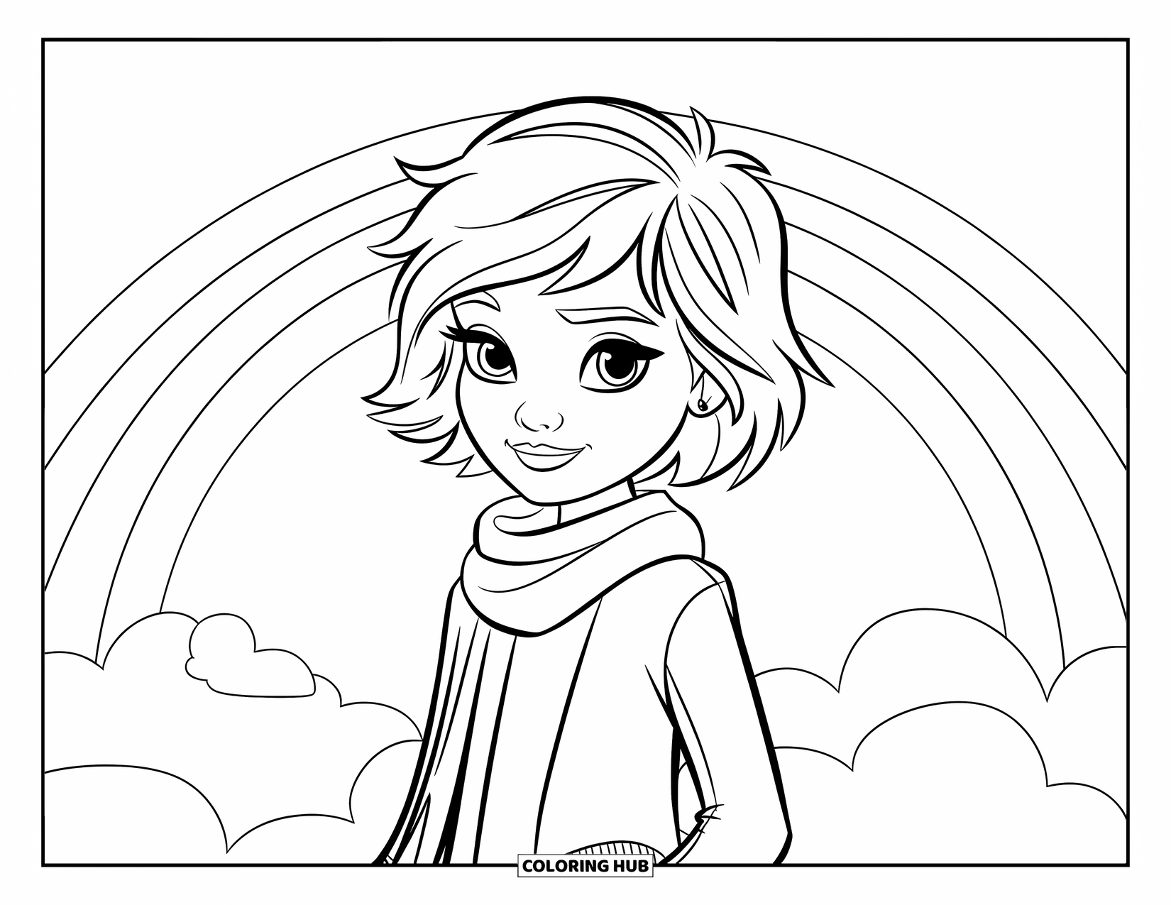 Meisjesgezicht Kleurplaat voor Kinderen: Een zelfverzekerd meisje met kort, rommelig haar en een sjaal staat op een wolk onder een regenboog