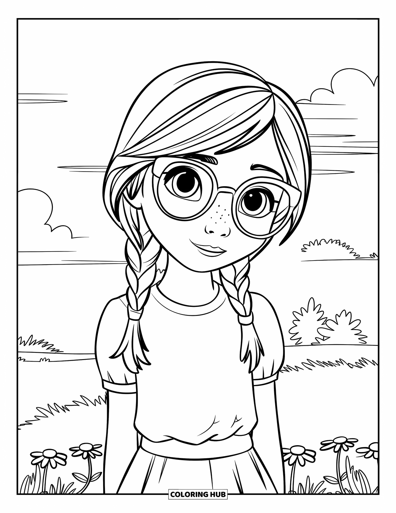 Meisjesgezicht Kleurplaat voor Kinderen: Een nieuwsgierig meisje met vlechten en een bril staat onder een heldere hemel met bomen op de achtergrond