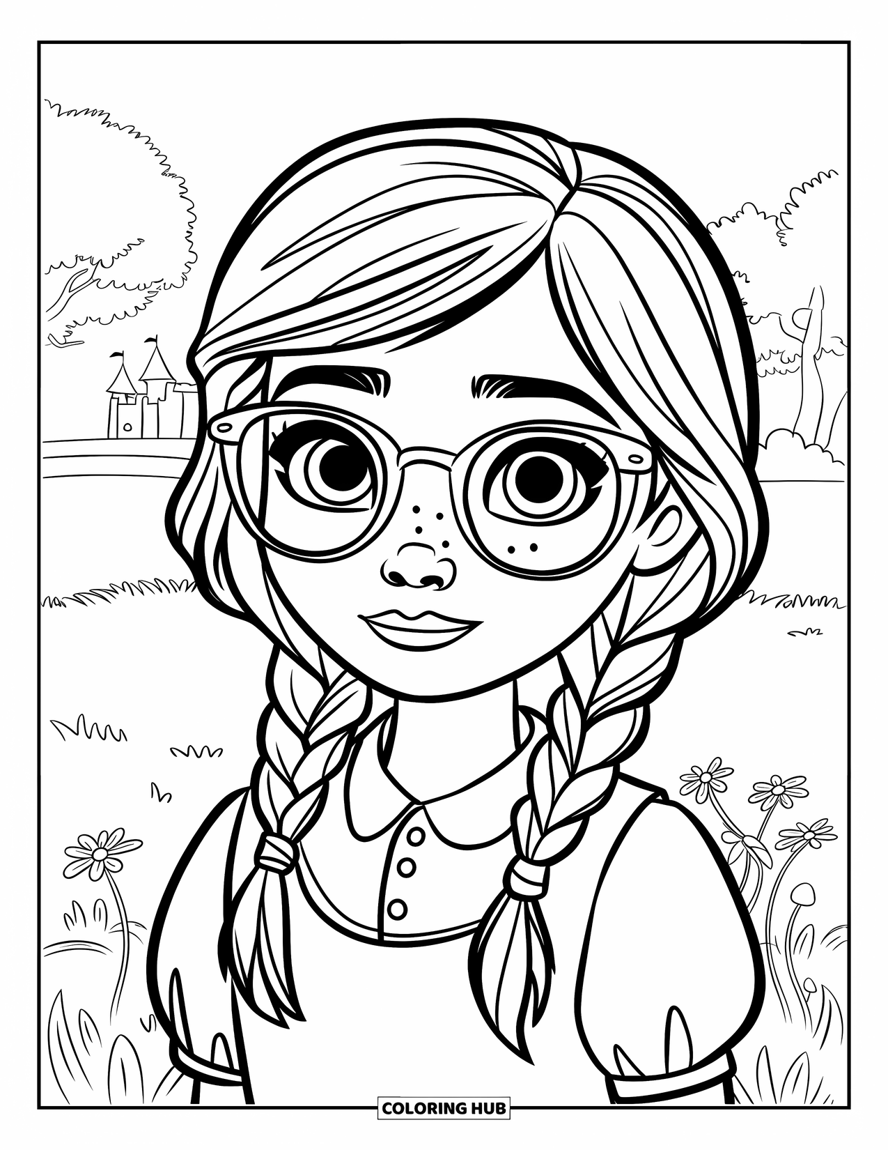 Meisjesgezicht Kleurplaat voor Kinderen: Een nieuwsgierig meisje met een bril en gevlochten haar staat in een grasveld met bloemen