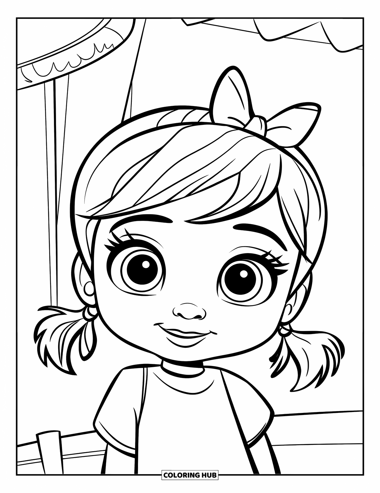 Meisjesgezicht Kleurplaat voor Kinderen: Een schattig meisje met staartjes en een strik staat op een eenvoudige achtergrond en glimlacht vrolijk